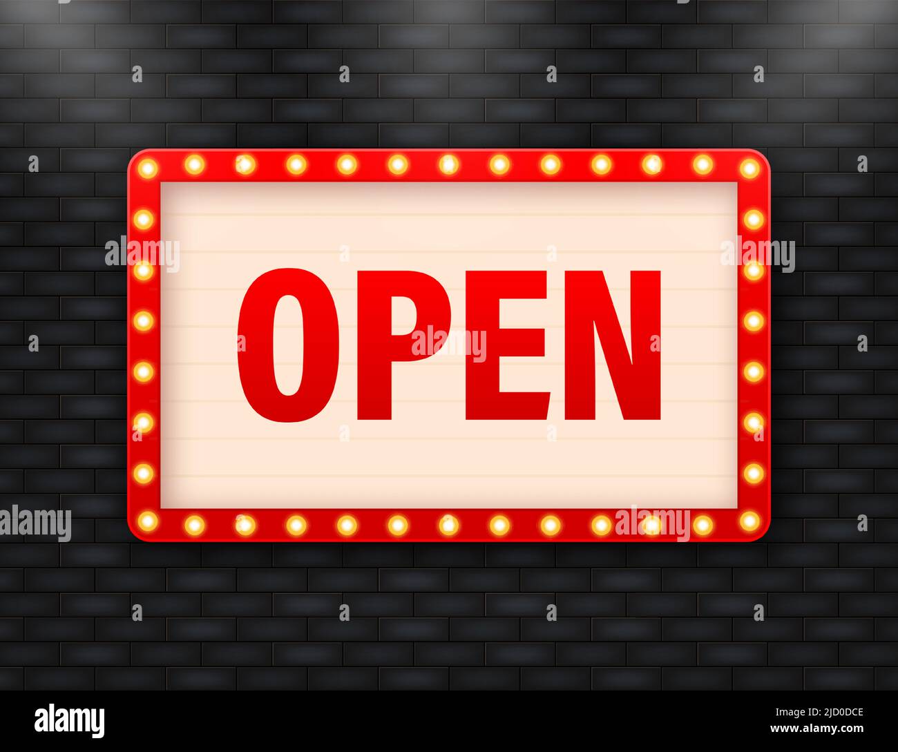 Retro Cartoon rot offenes Konzept auf dunklem Hintergrund. Vektorzeichen. Abstraktes Symbol. Geschäftskonzept. Werbebanner. Stock Vektor