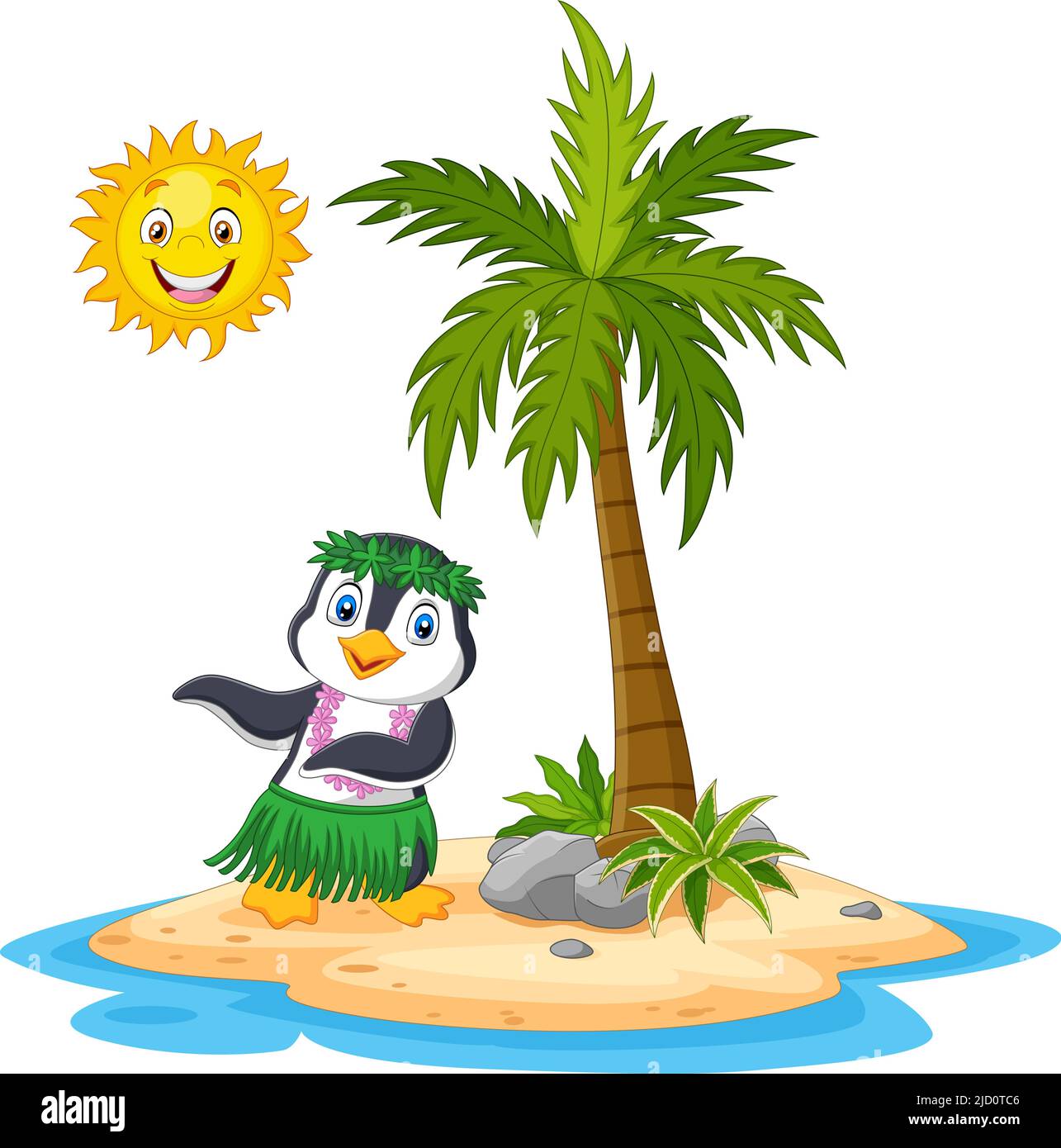 Cartoon Hawaii Hula Pinguin auf der tropischen Insel Stock Vektor