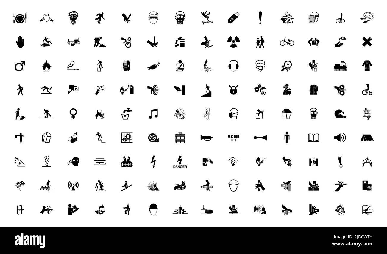 Warnschilder, Symbole für industrielle Gefahren, isoliert auf weißem Hintergrund, Vektorgrafik Stock Vektor