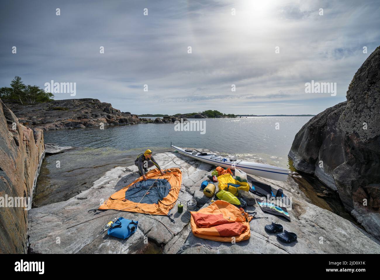 Camping und Kajakfahren auf der Insel Yxskären, Kemiönsaari, Finnland Stockfoto