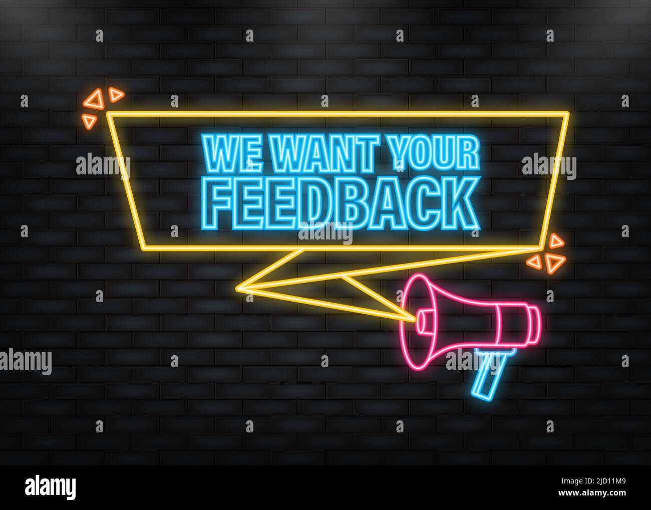 Neonsymbol. Wir möchten Ihr Feedback Megafon gelben Banner in 3D Stil. Vektorgrafik Stock Vektor