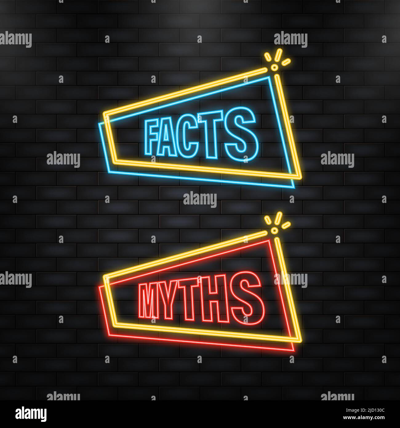 Neonsymbol. Fakten und Mythen sprudeln isoliert auf weißem Hintergrund. Symbol, Logo-Illustration. Stock Vektor
