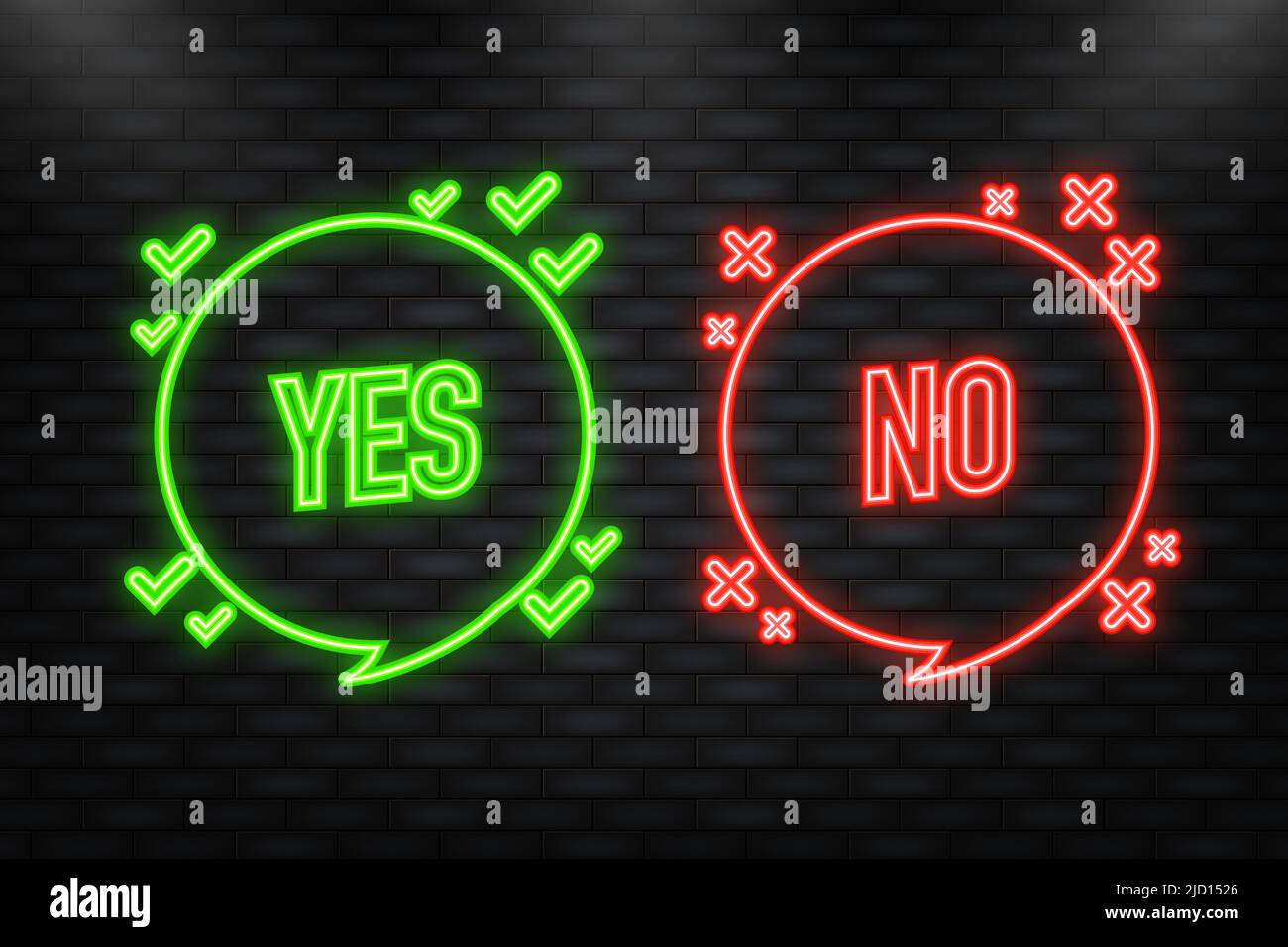 Neonsymbol. Ja oder Nein, grüne und rote Darstellung auf weißem Hintergrund. Vektorgrafik Stock Vektor