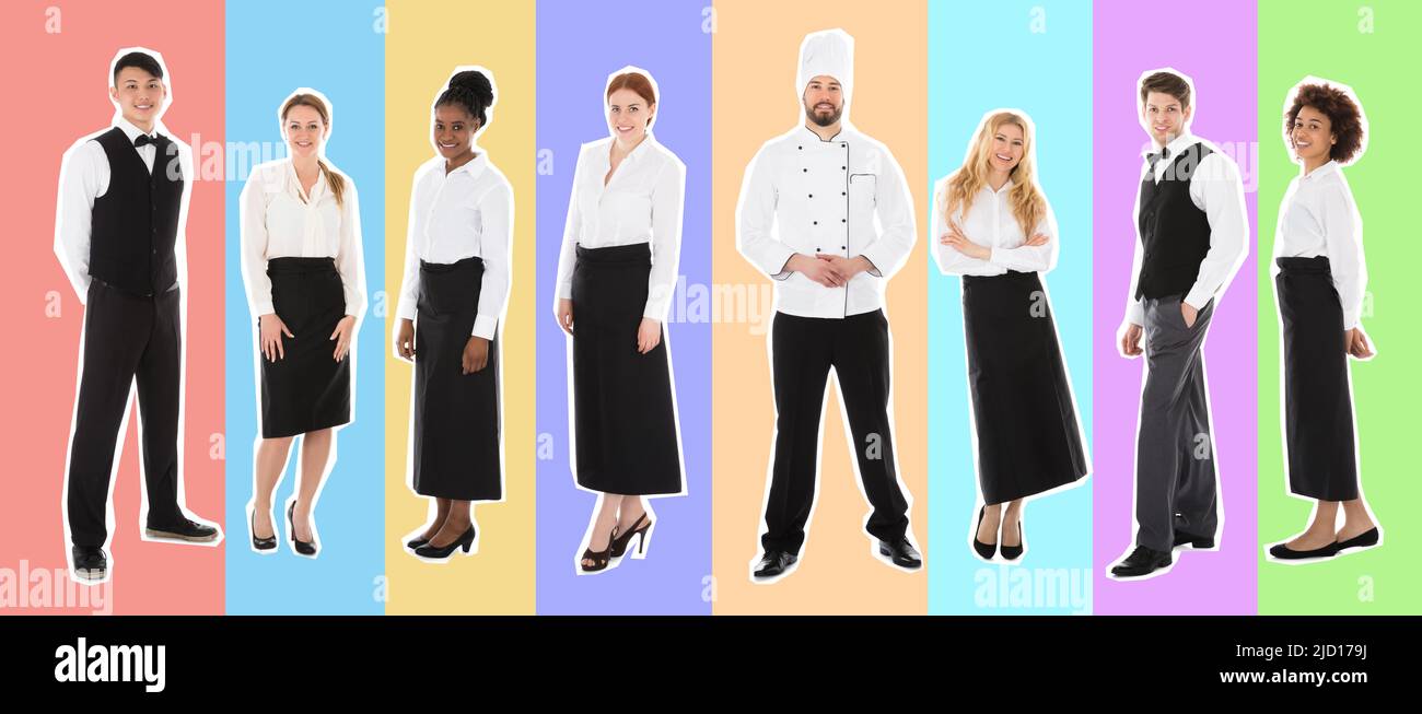 Gruppe von Happy Restaurant Personal in einer Linie auf weißem Hintergrund Stockfoto