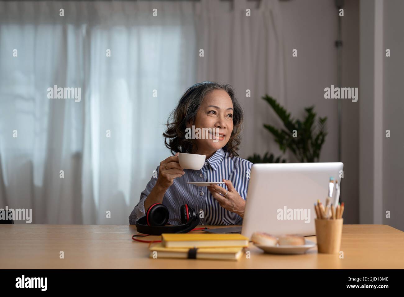 Glücklich fröhlich reif Laptop-Benutzer asiatische Frau chatten online, tippen, machen Videoanruf über Tasse Kaffee, Tee, entspannen auf der Couch. Senior Freelance Stockfoto