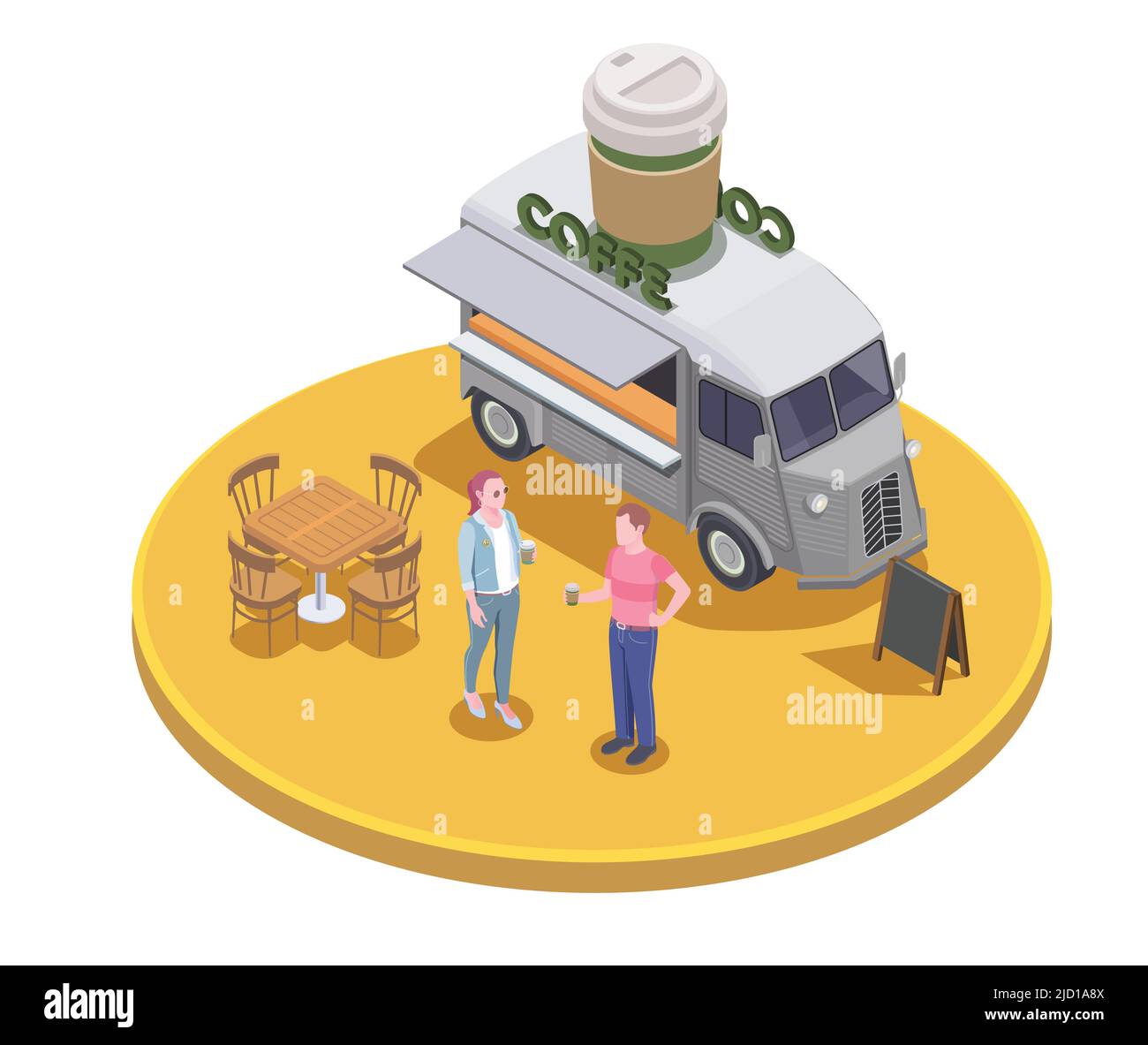 Lebensmittel-LKW isometrische Zusammensetzung mit menschlichen Charakteren und Kaffee-LKW auf Kreis Plattform Vektor-Illustration Stock Vektor