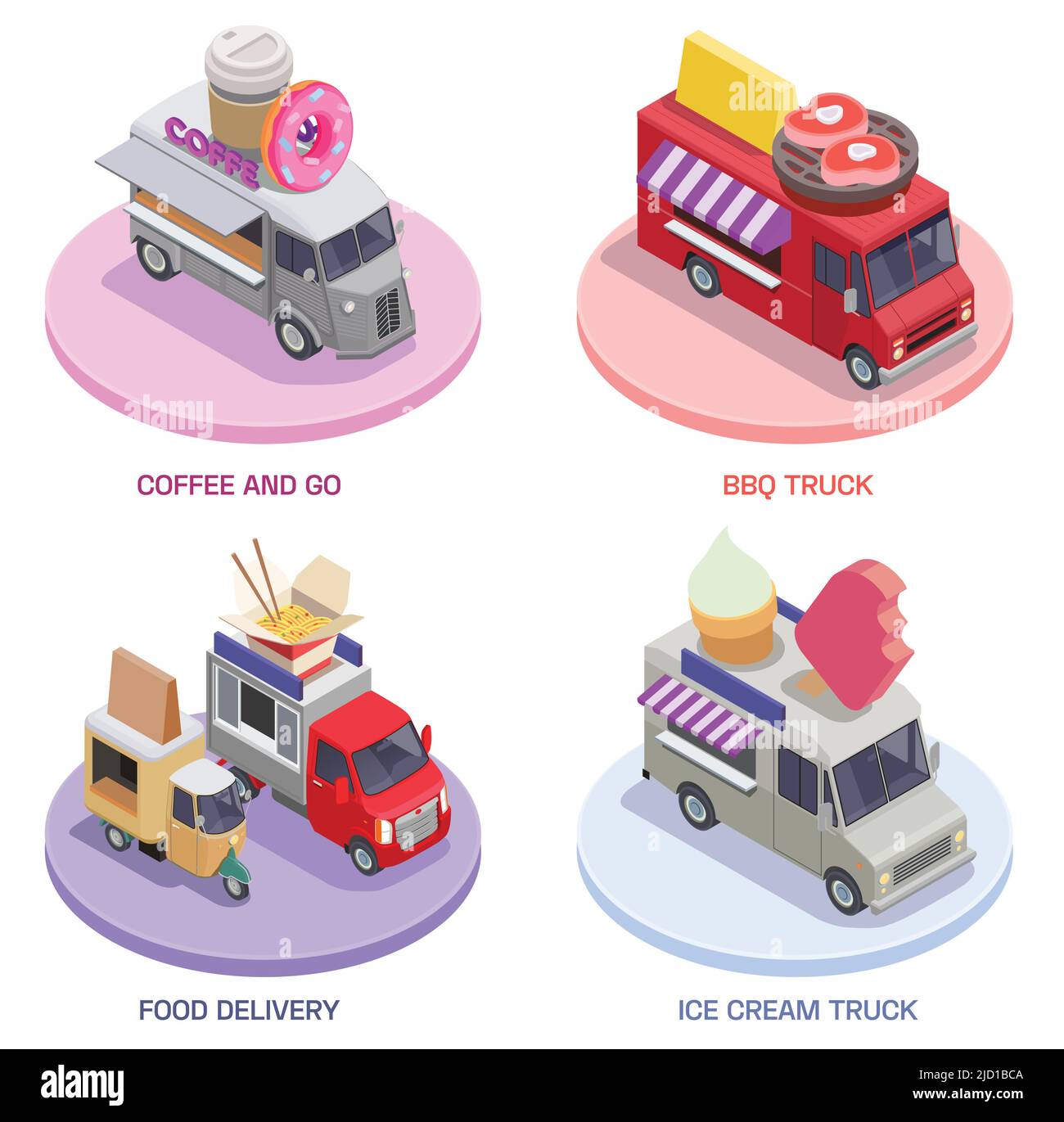 Foodtruck isometrischer Satz von vier runden Plattformen mit Street Fastfood-Ständen und editierbarer Vektorgrafik mit Textunterschriften Stock Vektor