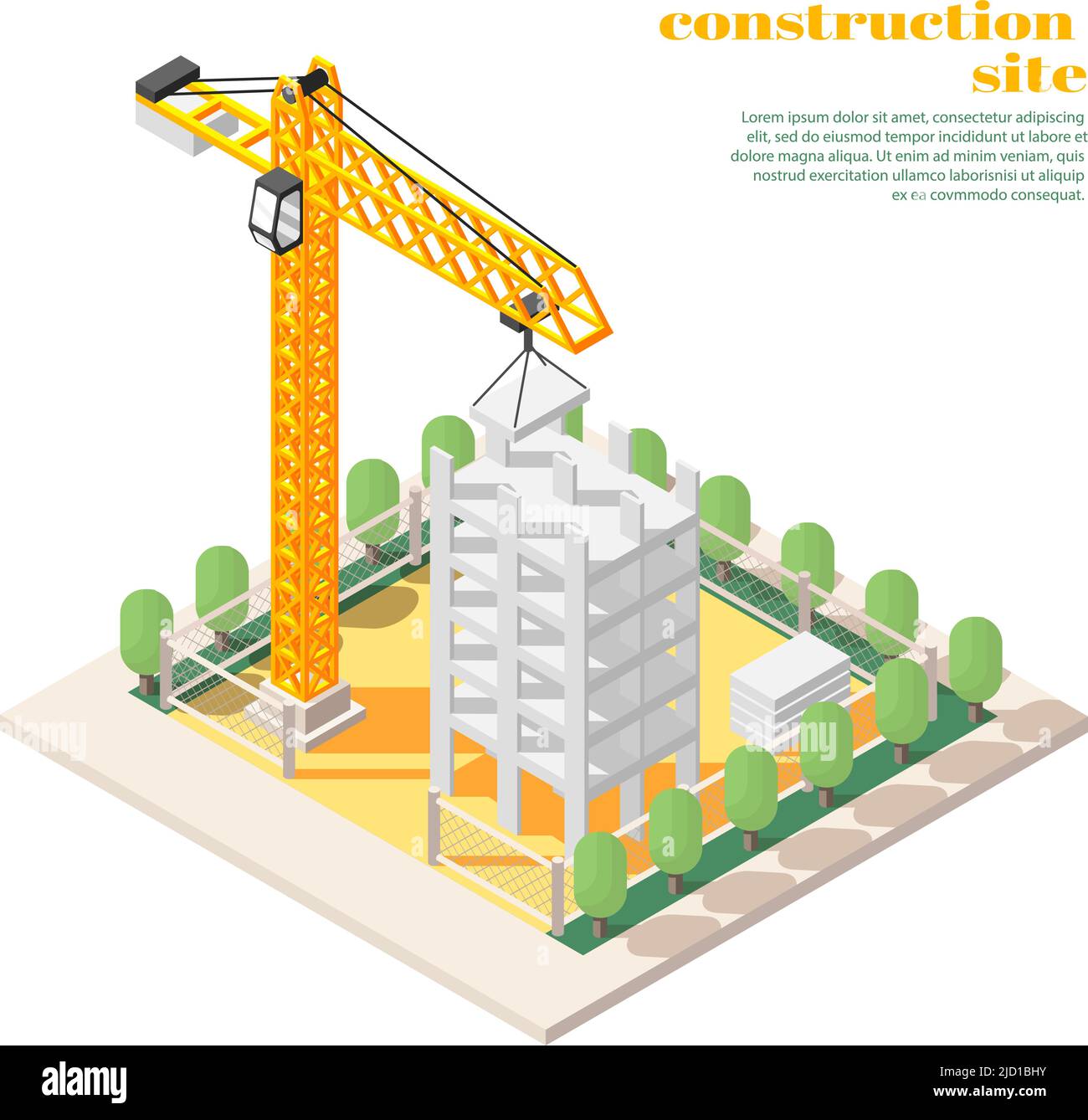 Bauingenieurwesen Projekte Rollen Aufgaben isometrische Zusammensetzung mit Turmdrehkran auf Baustelle Vektor illustrati Stock Vektor
