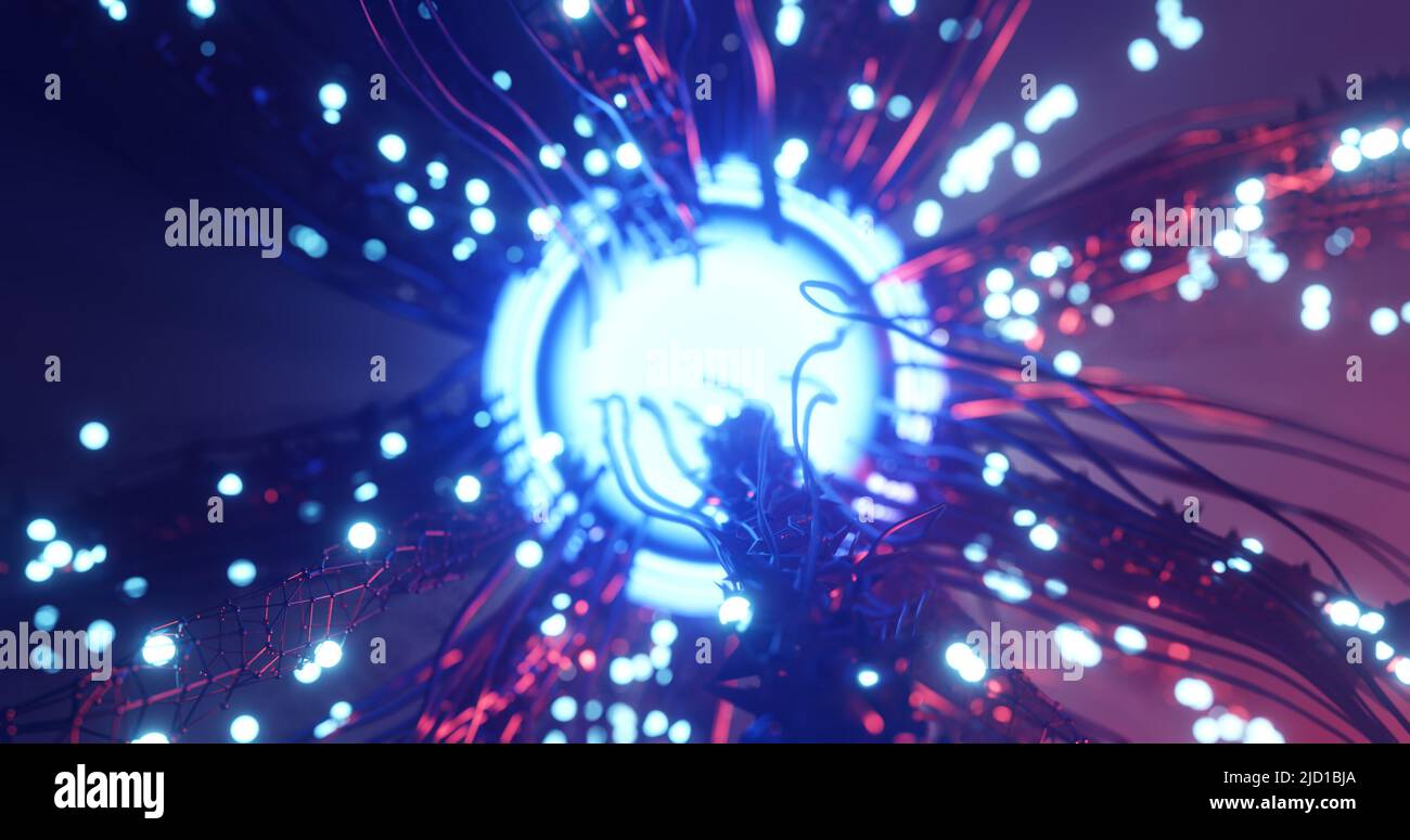 Robotermolekül mit glänzendem Kern, metallischen Strukturen und Kabeln. Kybernetisches Lebenskonzept. Abstrakter futuristischer Hintergrund. Selektiver Fokus. 3D Abb. Stockfoto