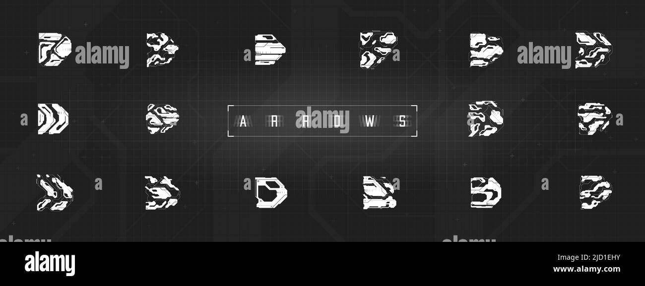 Satz Cyberpunk-Pfeile. Kit von futuristischen Interface Cyber-Elemente. Cyberpunk-Zeiger, Richtung. Sammlung von Tech-Stil Pfeile für die Gestaltung des Spiels Stock Vektor