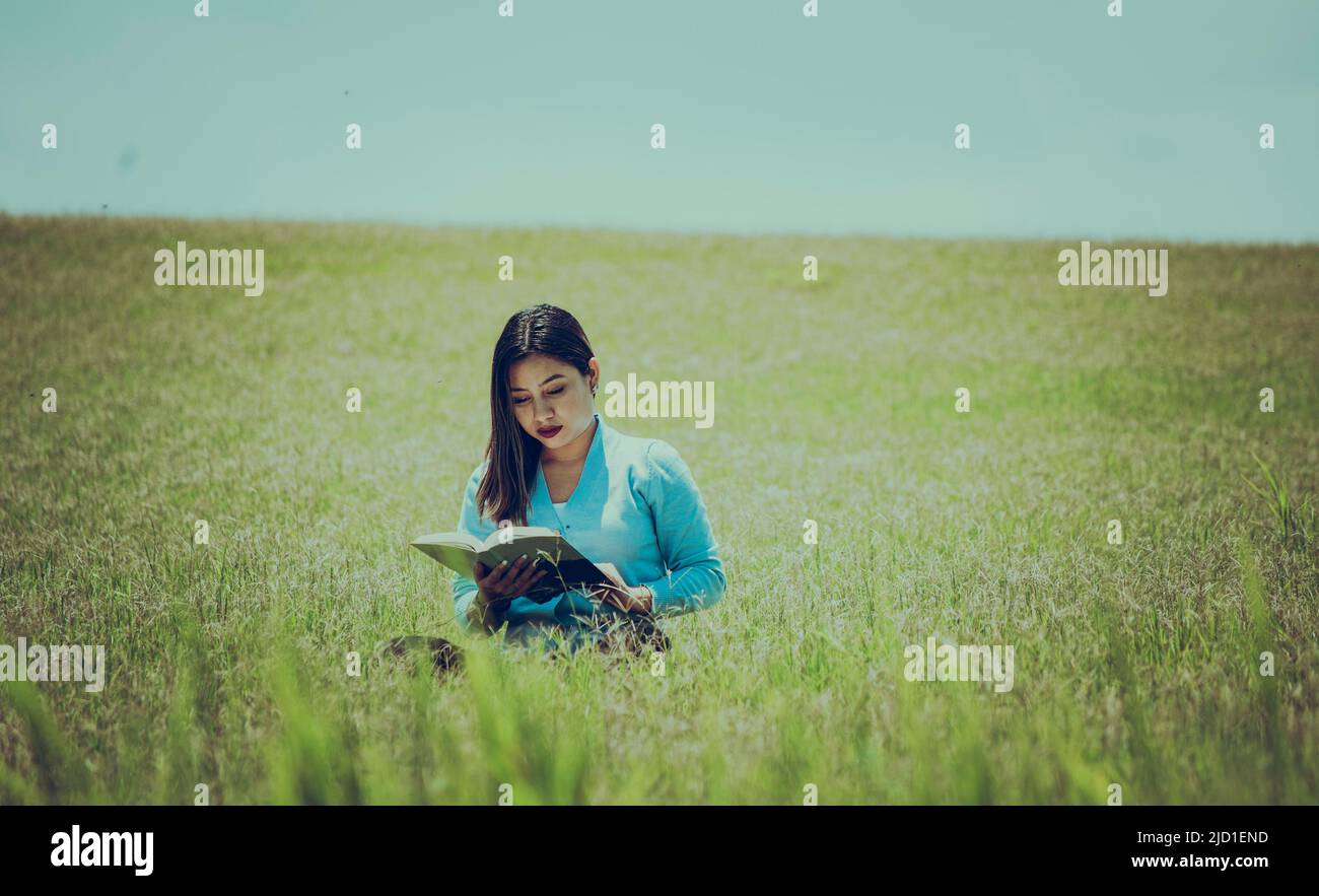 Ein Mädchen, das ein Buch auf dem Feld liest, Eine Person, die auf dem Gras sitzt und ein Buch liest, attraktive Menschen, die auf dem Gras sitzen und ein Buch lesen Stockfoto