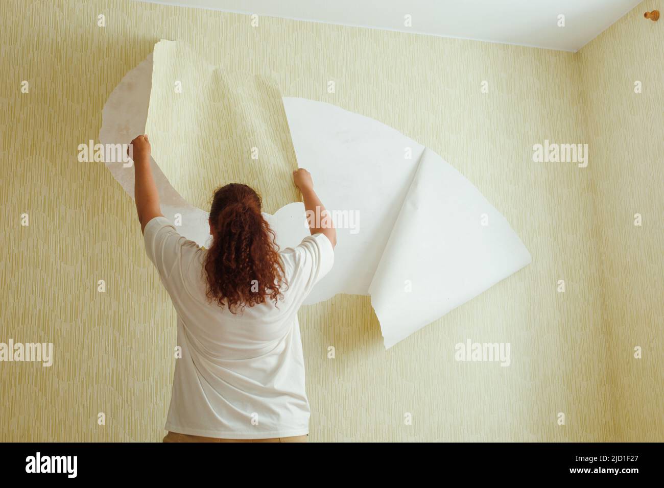 Rückansicht einer Frau mit weißem T-Shirt und beigefarbener Hose, die auf einem Stuhl steht und alte Tapeten von der Wand reißt. Stockfoto