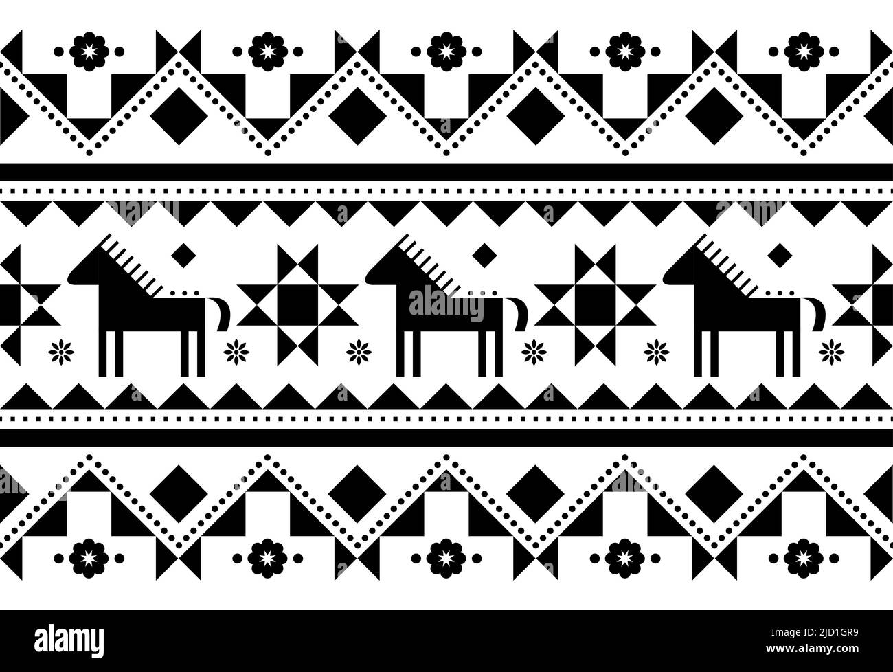 Pferde nahtlose Vektor-Muster - Ukrainisch Hutsul Pysanky (Ostereier) Volkskunst-Stil, geometrische schwarz-weiße Textil-oder farbischen Druck Stock Vektor