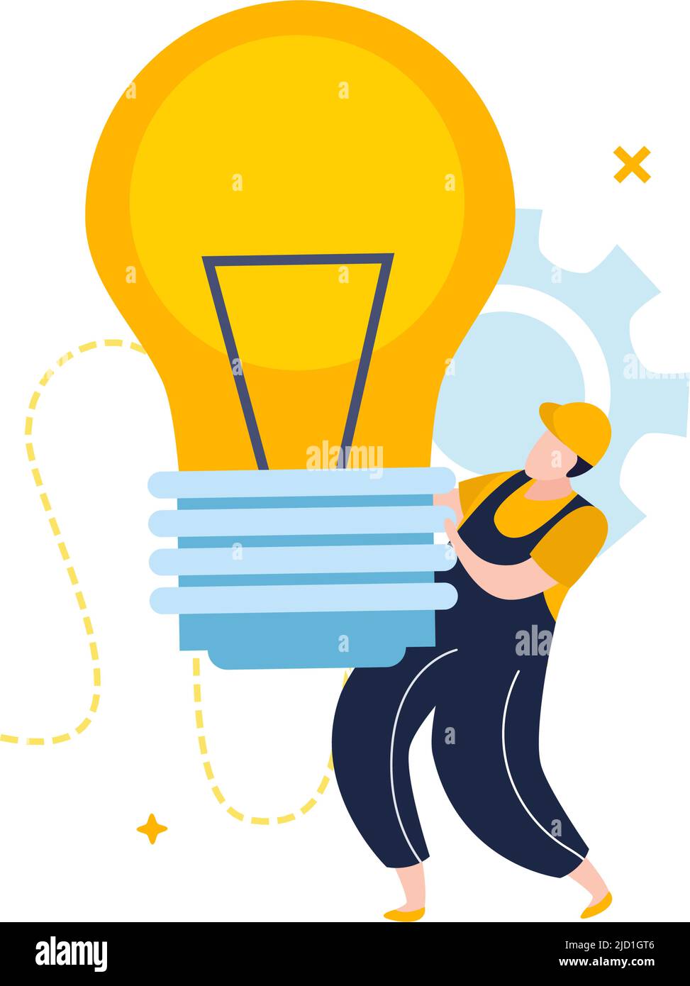 Elektrizität und Beleuchtung flache Ikonen Zusammensetzung mit Charakter der Elektriker hält große Lampe Glühbirne Vektor-Illustration Stock Vektor