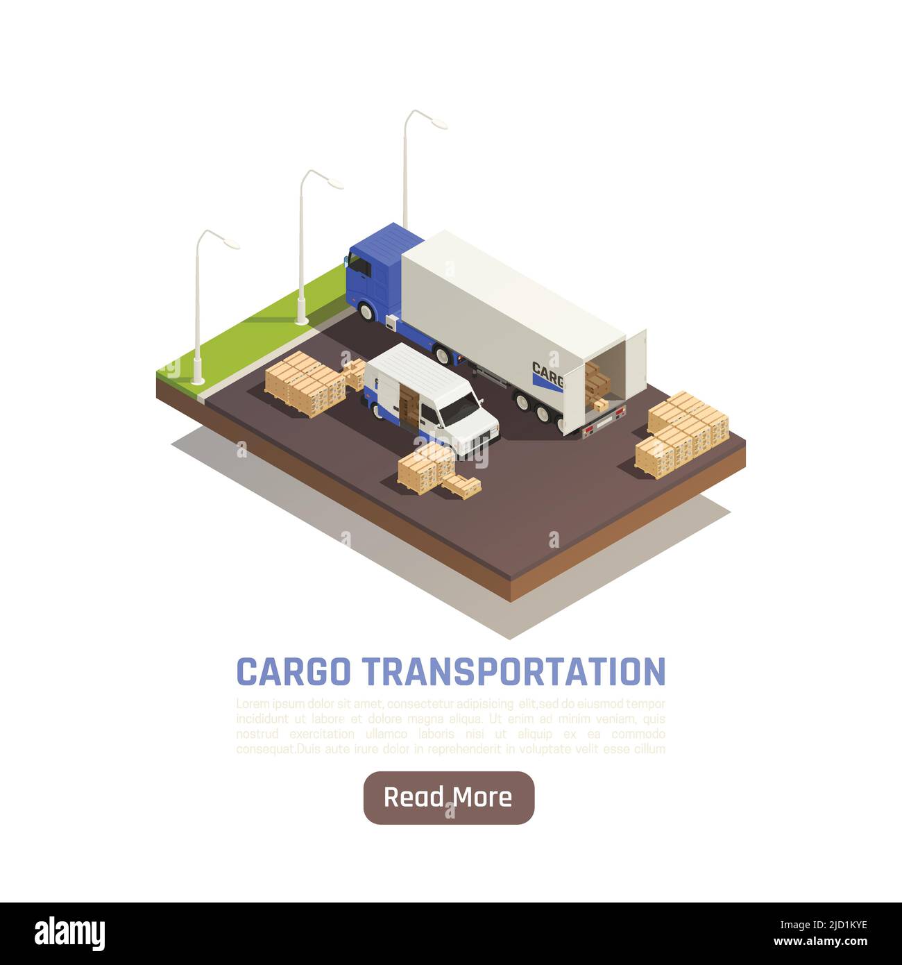 Cargo Transport logistische Lieferung isometrischen Hintergrund mit mehr lesen Button Text und LKW auf Parkplatz Vektor-Illustration Stock Vektor