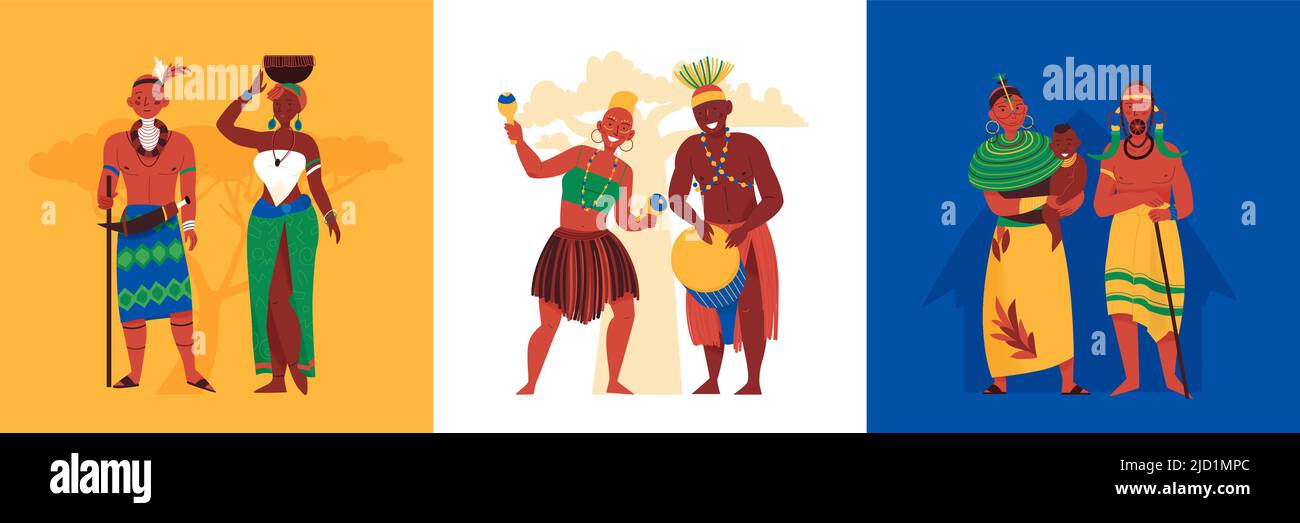 Afrika Design-Konzept mit einer Reihe von quadratischen Kompositionen mit schwarzen afrikanischen Menschen Figuren tragen traditionelle Kostüme Vektor-Illustration Stock Vektor