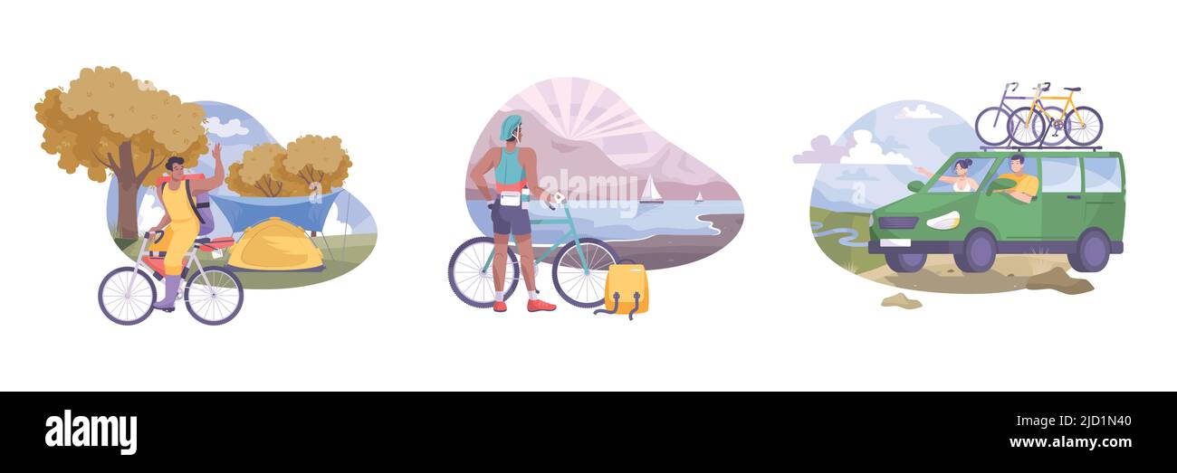 Flat Bike Tourismus Zusammensetzung mit drei Situationen Tourismus Spaziergang über Landschaft und Autofahrten Vektor-Illustration Stock Vektor