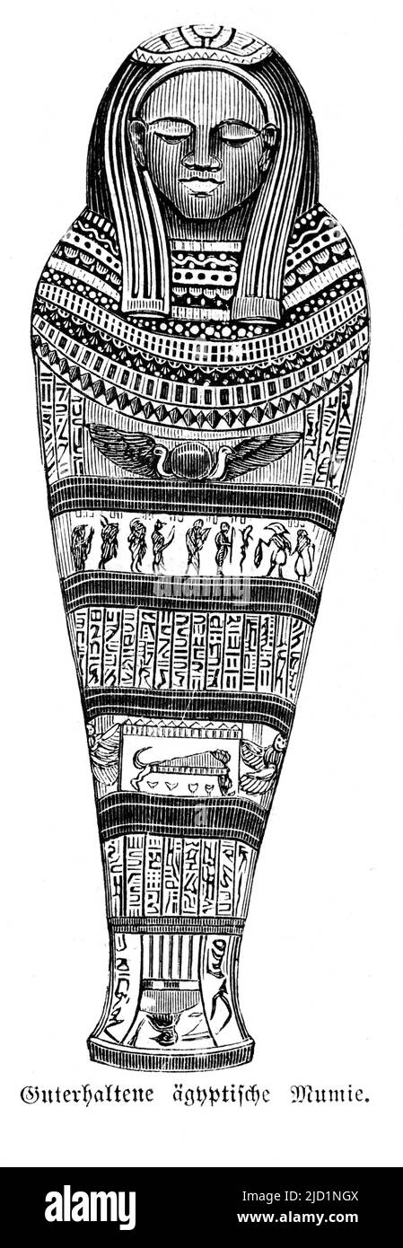 Gut erhaltene ägyptische Mumien, Ägypten, Tod, Begräbnis, Dekorationen, Einbalsamierung, Hieroglyphen, soziale Oberschicht, Bibel, Altes Testament, Erstes Buch von Stockfoto