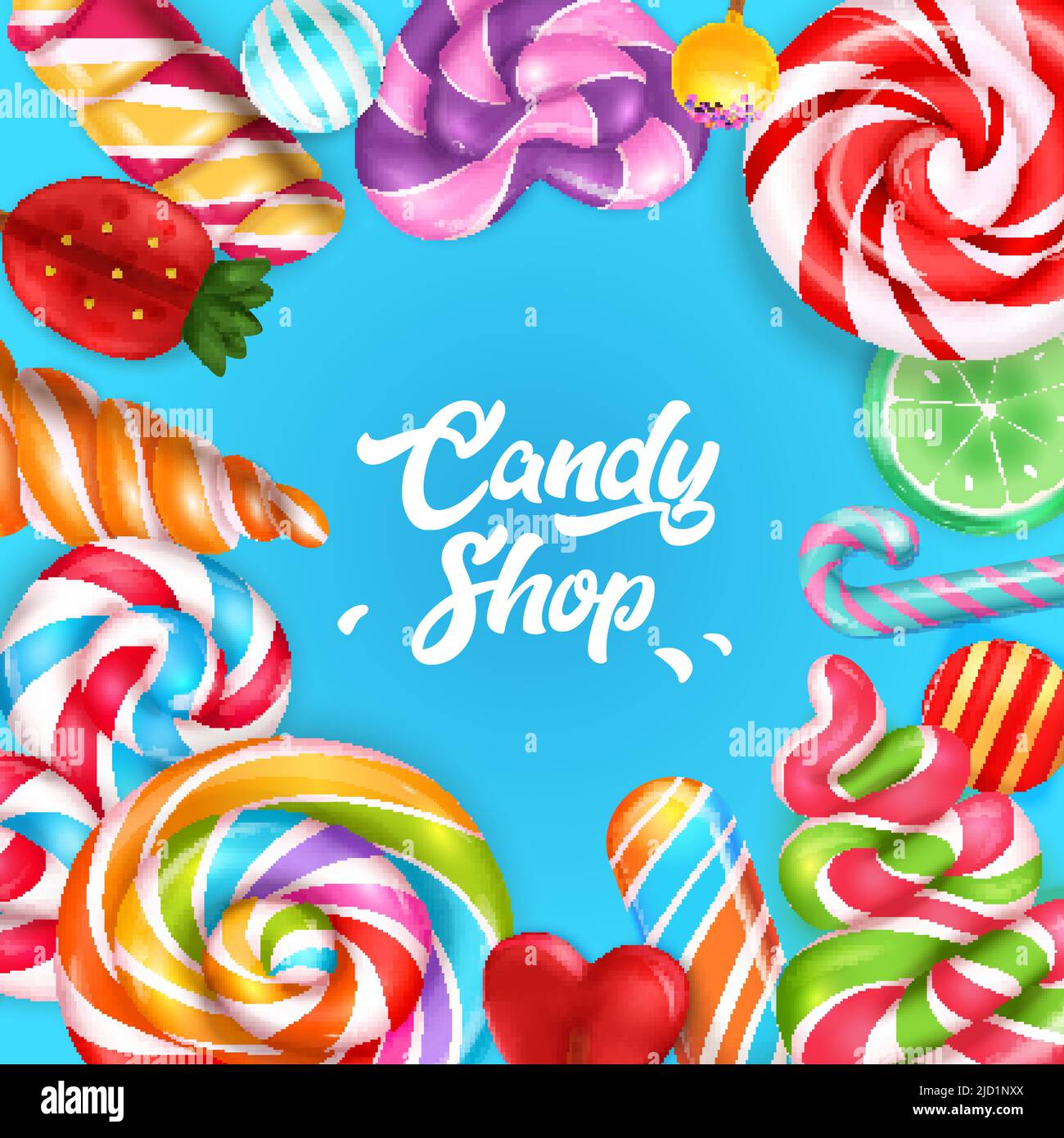Candy Shop blauen Hintergrund von bunten Süßigkeiten und Lutscher mit gestreiften Wirbeln realistische Vektor-Illustration eingerahmt Stock Vektor