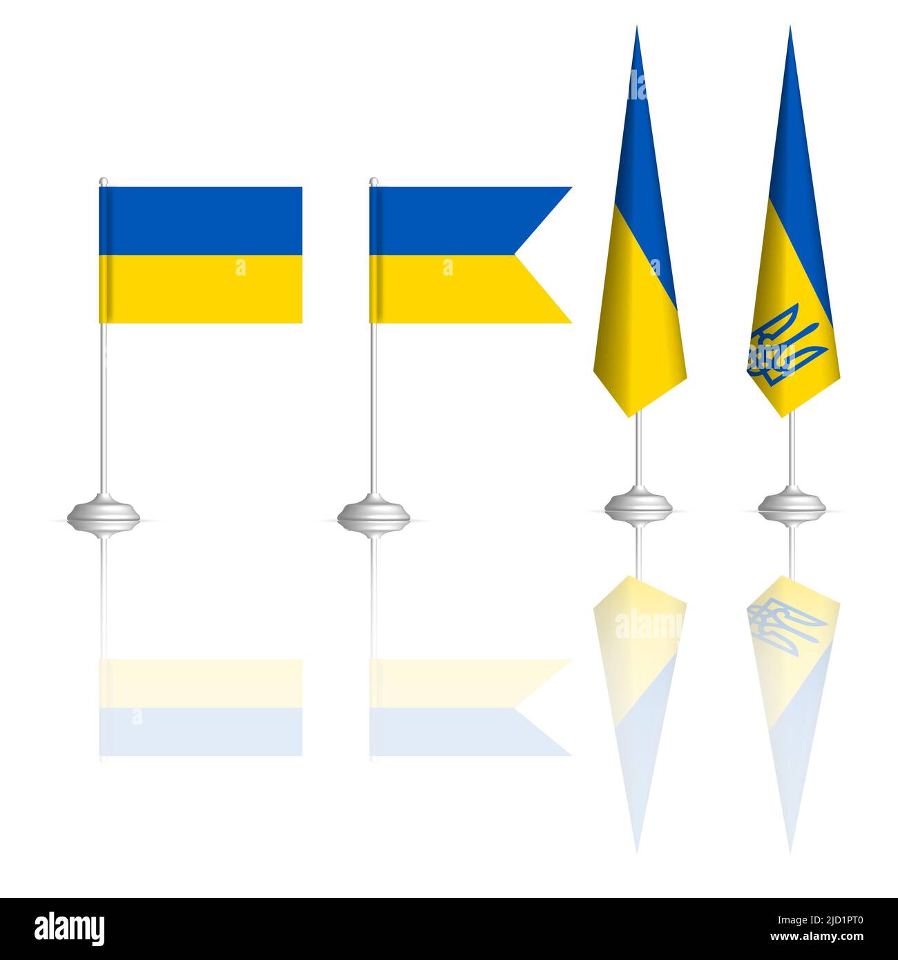 Ukrainische Flagge in vier Versionen mit Spiegelreflexion. Vorderansicht, Vektorgrafik. Stock Vektor