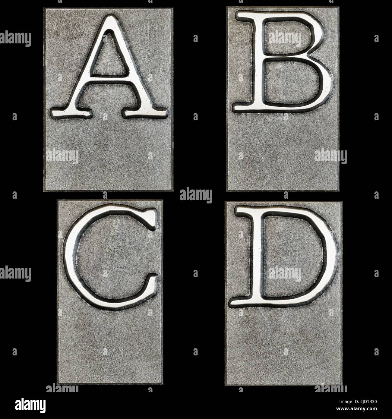 3D Rendering von Metall Schreibmaschine Druckkopf Alphabet - Buchstaben A-D Stockfoto