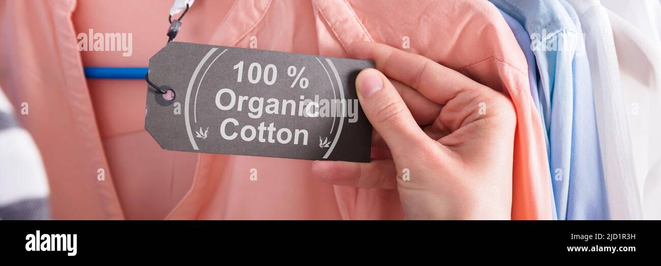 Nahaufnahme von einer Frau Hand Aufkleber mit 100 Prozent Baumwolle aus biologischem Anbau Stockfoto