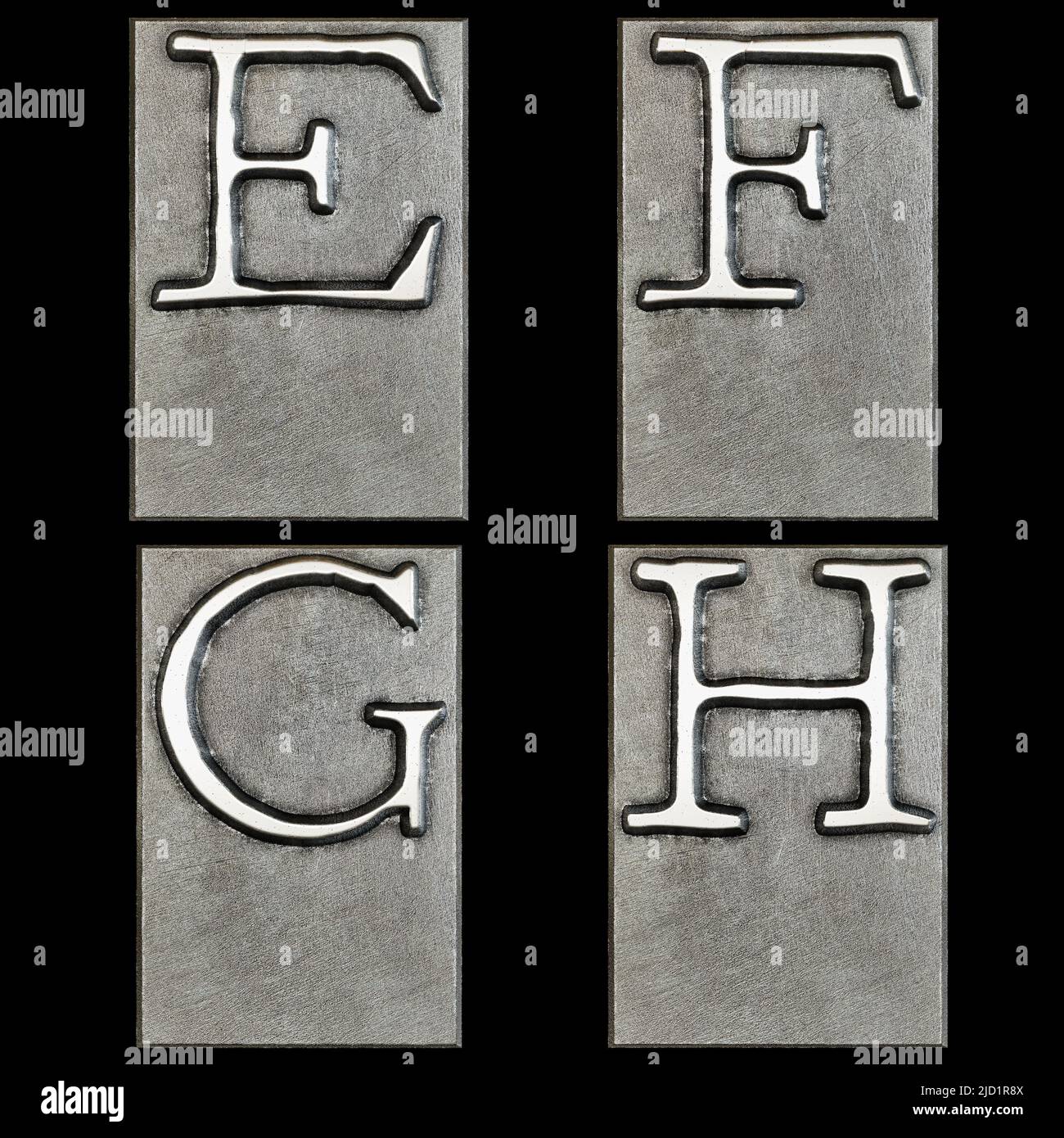3D Wiedergabe von Metall Schreibmaschine Druckkopf Alphabet - Buchstaben E-H Stockfoto