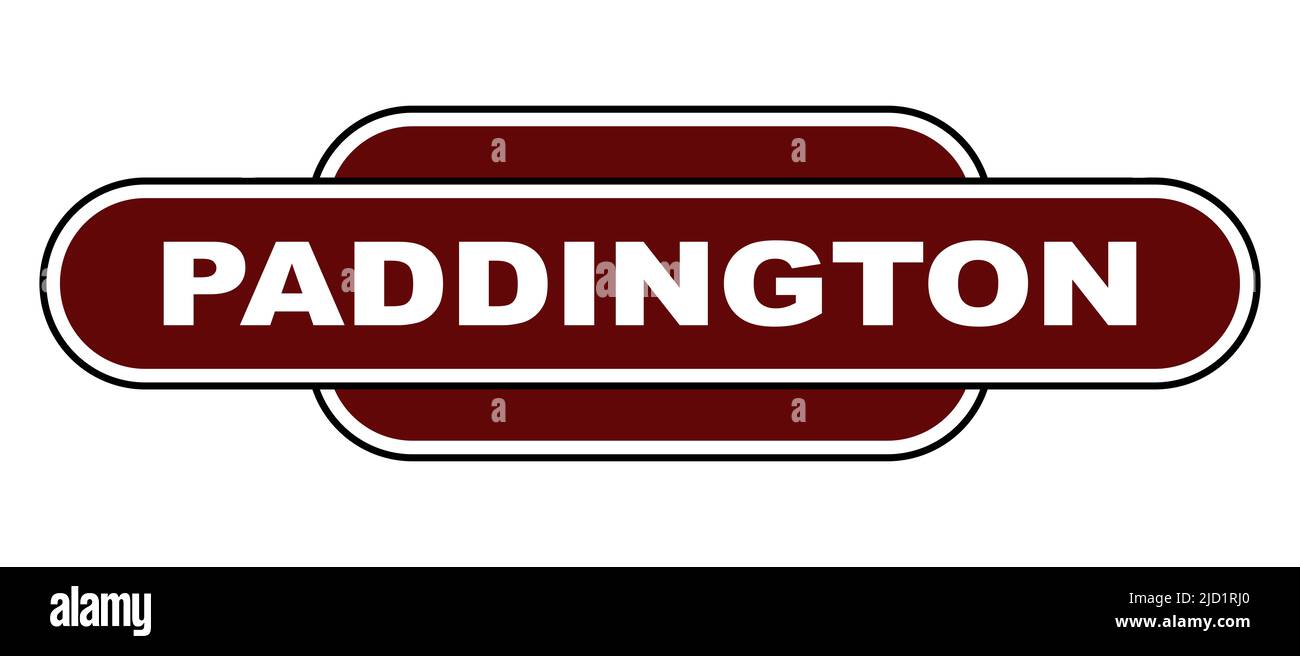 Ein Namensschild des Bahnhofs Paddington auf weißem Hintergrund Stockfoto