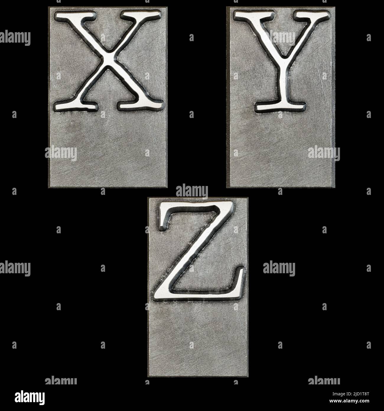 3D Rendering von Metall Schreibmaschine Druckkopf Alphabet - Buchstaben X-Z Stockfoto