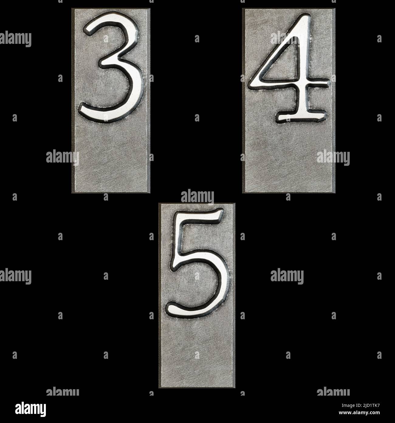 3D Rendering von Metall Schreibmaschine Druckkopf Alphabet - Ziffern 3-5 Stockfoto