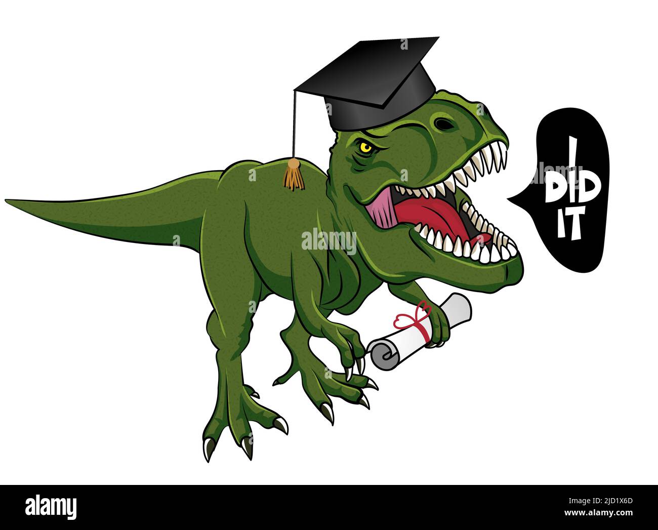 Ich habe es geschafft! - T rex Tyrannosaurus in Graduate Cap. Netter lächelnder glücklicher Dinosaurier mit Diplom. Dino-Figur im Cartoon-Stil. Herzlichen Glückwunsch an die Absolventen. Stock Vektor