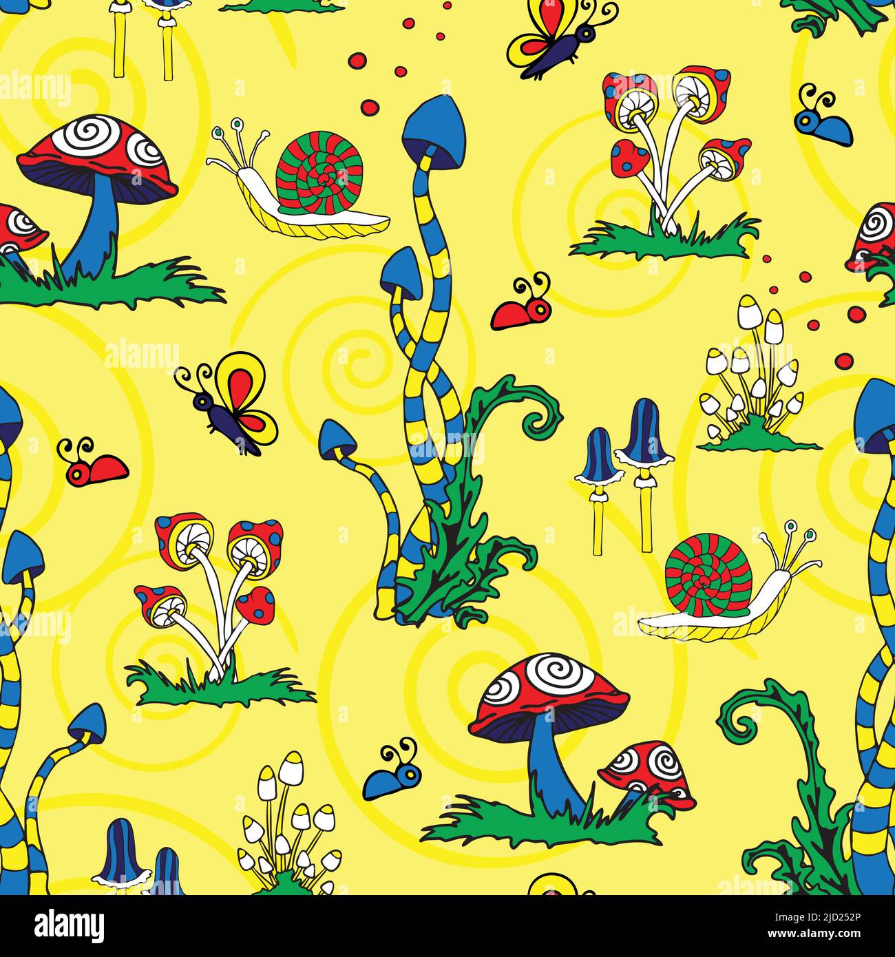 Nahtloses Vektor-Muster mit bunten Pilzen auf gelbem Hintergrund. Helle Magie Wald Tapete Design. Fantasy Landschaft Mode Textil. Stock Vektor