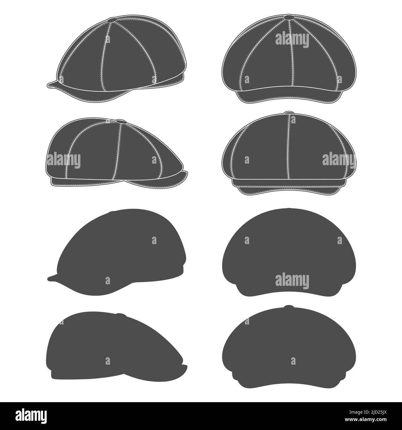 Set mit schwarzen und weißen Illustrationen mit Spitzenkappe, Futterkappe, Kepi. Isolierte Vektorobjekte auf weißem Hintergrund. Stock Vektor