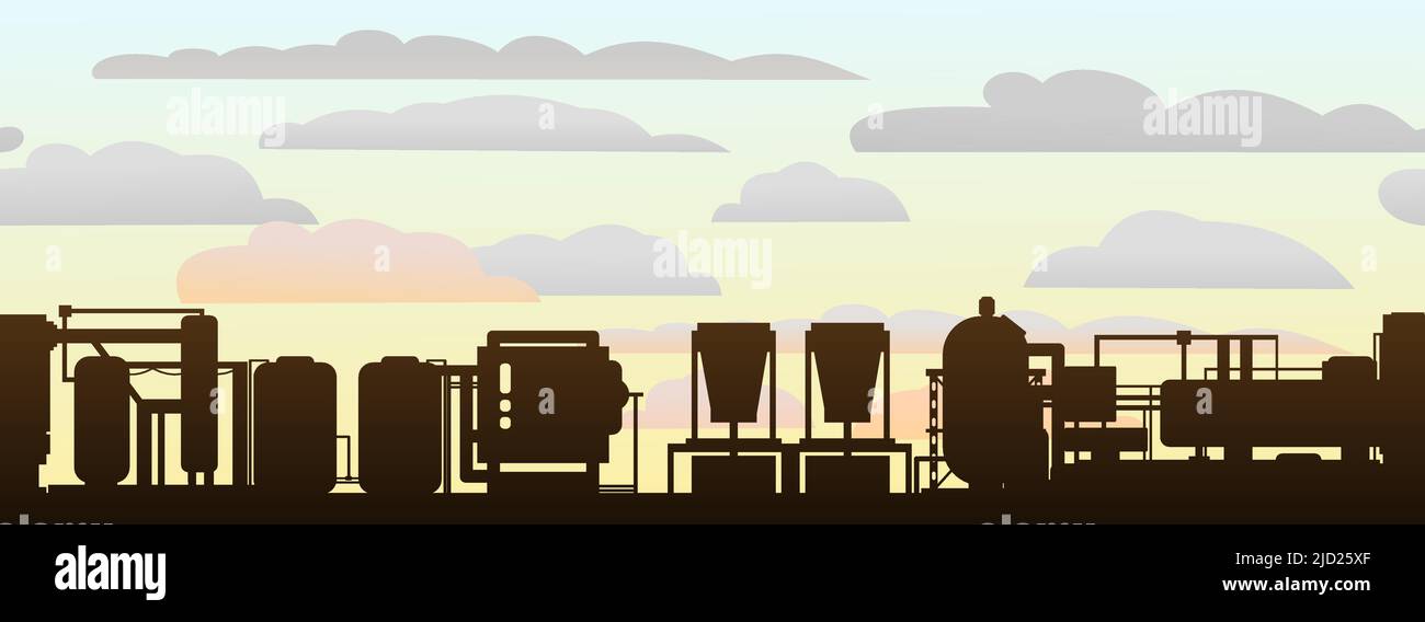 Produktionsanlage am Morgen. Silhouette von Objekten. Industrielle technische Ausrüstung. Werkschemikalien. Unternehmen mit moderner Technologie. Nahtlos Stock Vektor