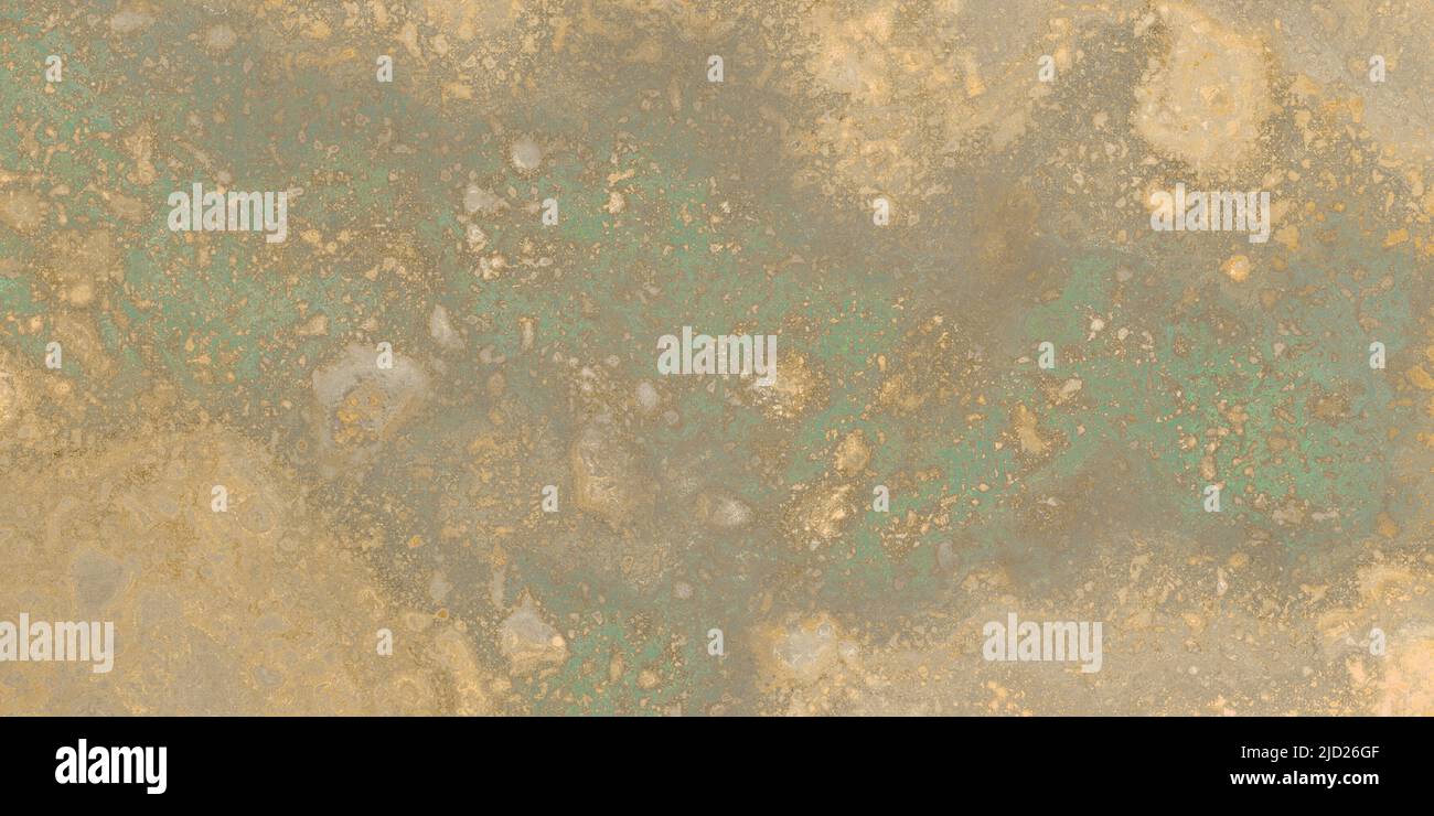 Gold geflackter Marmor mit grünen Einschlüssen. Abstrakte Textur und Hintergrund. 2D Abbildung Stockfoto