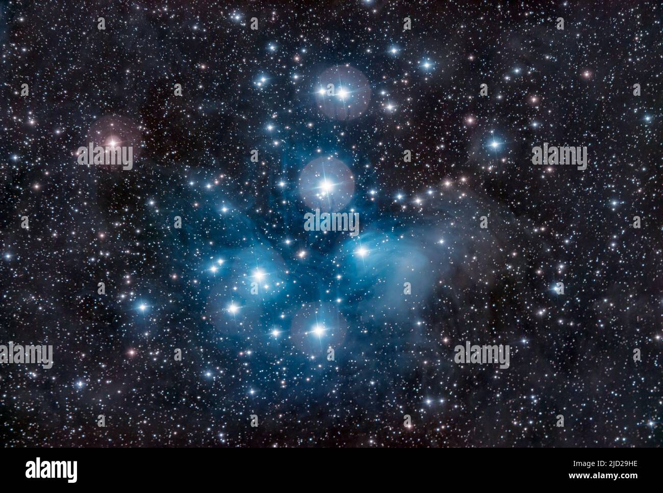 Die Plejaden (Messier 45) im Sternbild Stier. Stockfoto