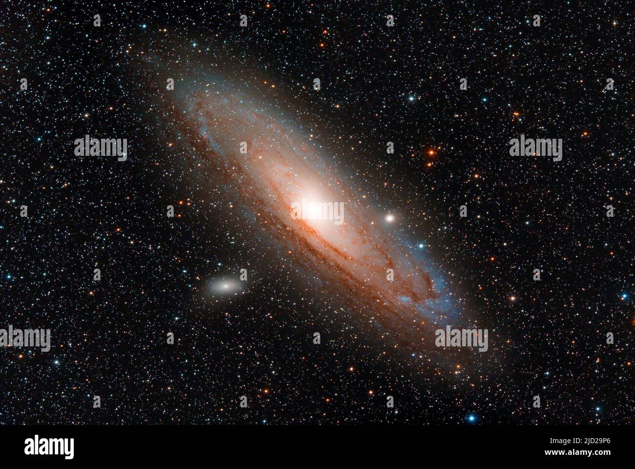 Die Andromeda-Galaxie (Messier 31) ist eine Spiralgalaxie im Sternbild Andromeda, etwa 2,5 l.y. entfernt und lässt sich etwa 220 000 l.y. quer vermessen. Stockfoto