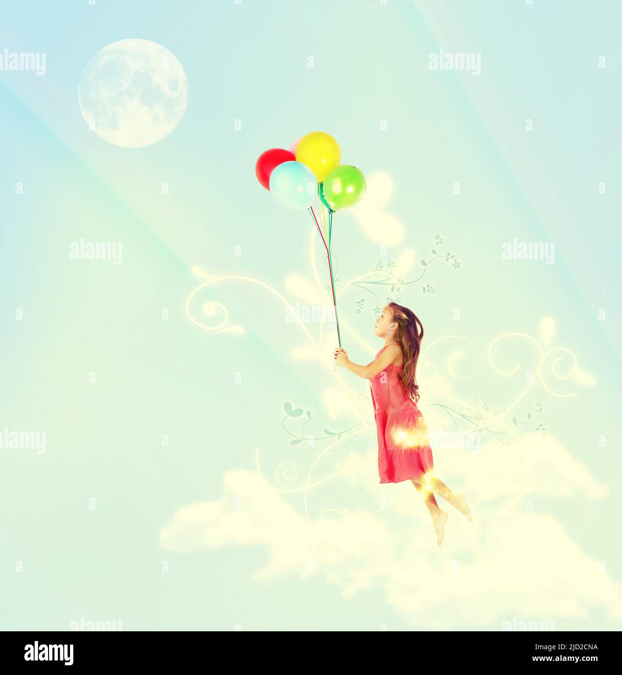Schwebend weg. Ein junges Mädchen, das von einem Haufen farbenfroher Ballons in die Luft gehoben wird. Stockfoto