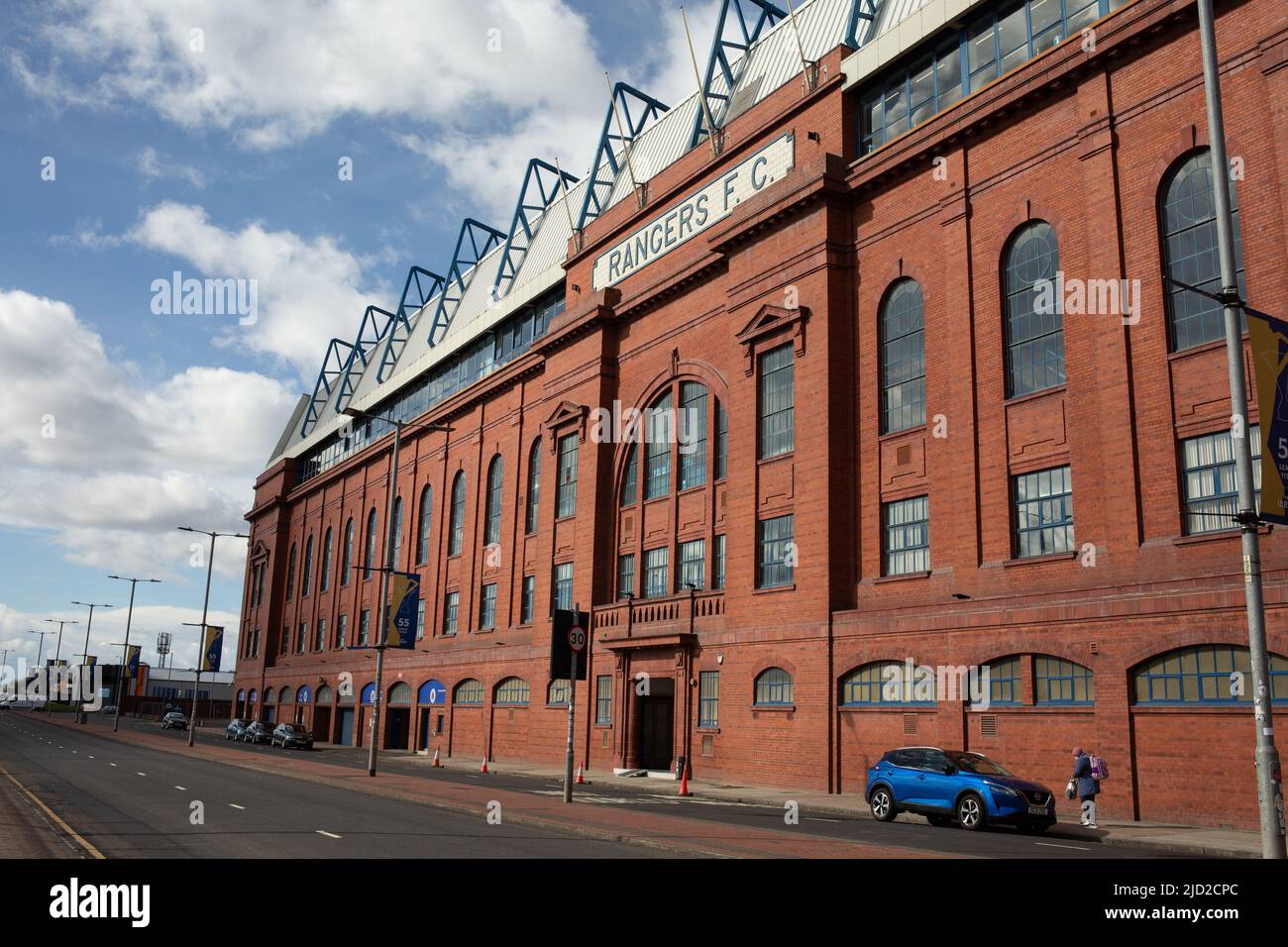 Außenansicht des Ibrox Stadium, Heimstadion des Rangers Football Club, in Ibrox, in Glasgow, Schottland, 7. April 2022. Stockfoto