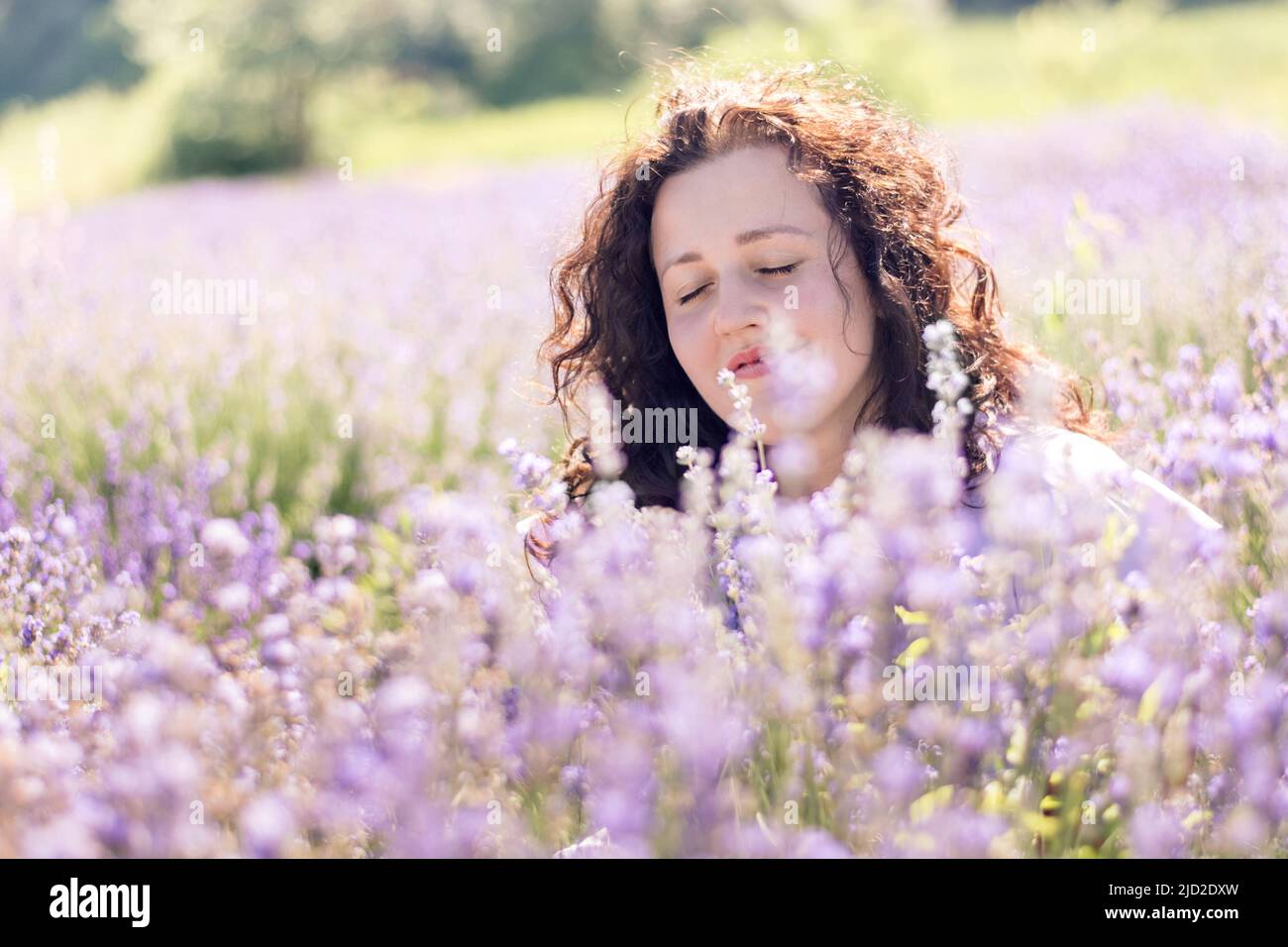 Romantisches Porträt eines Mädchens, das am sonnigen Tag den Duft von rosa Lavendel mit geschlossenen Augen auf einem Feld genießt. Das Mädchen geht auf einem lila Blumenfeld. Digital Detox genießt ein langsames Leben. Weicher, selektiver Fokus Stockfoto