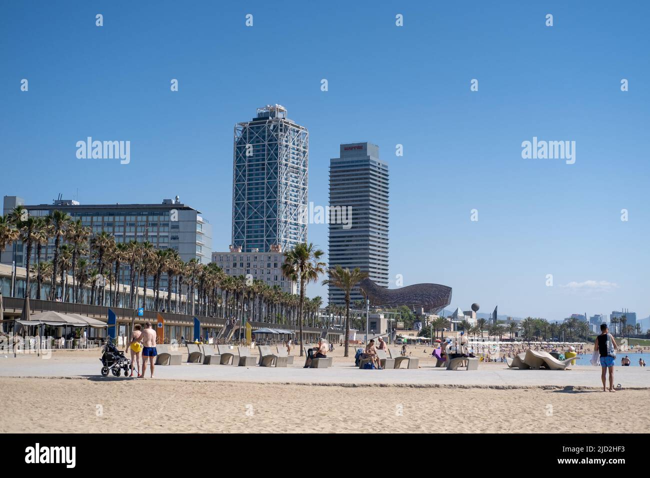 Barceloneta Strand in der Stadt Barcelona, Spanien. Stockfoto