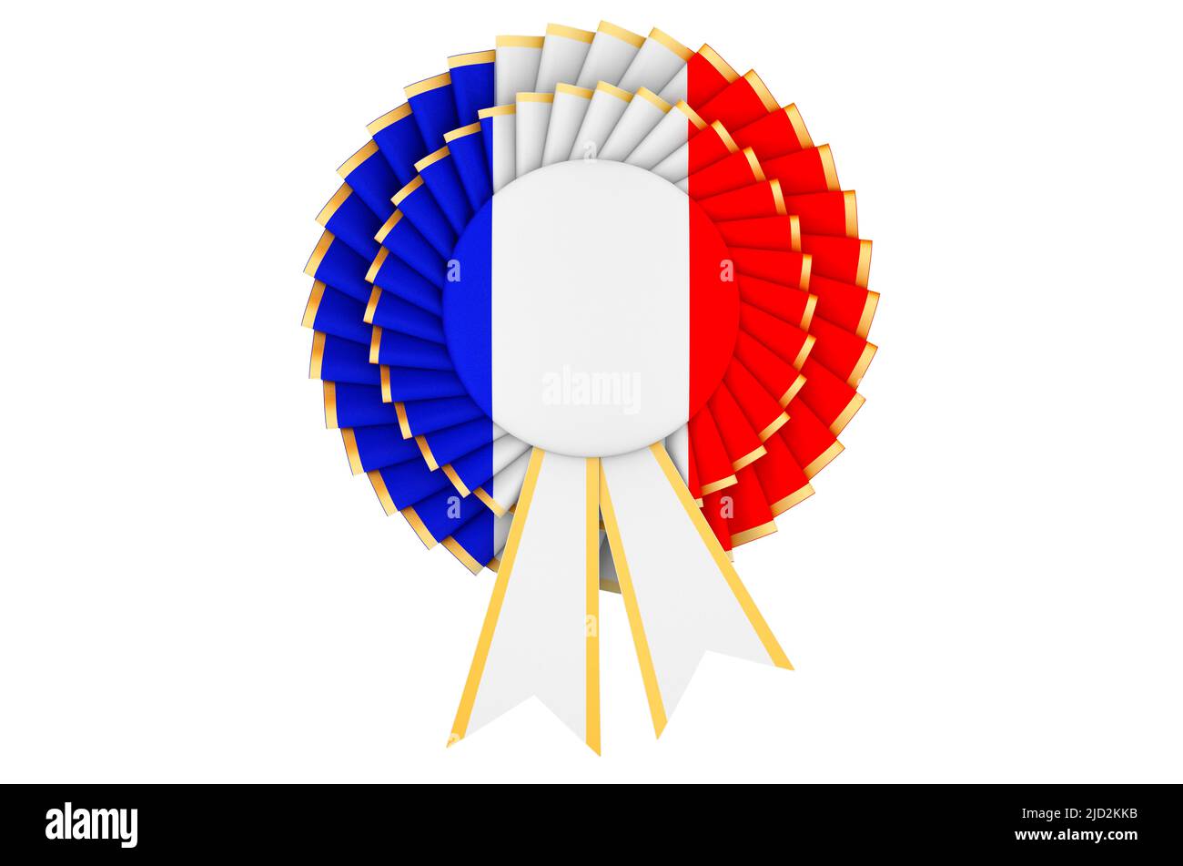 Französische Flagge auf der Siegerbandrosette gemalt. 3D Darstellung isoliert auf weißem Hintergrund Stockfoto