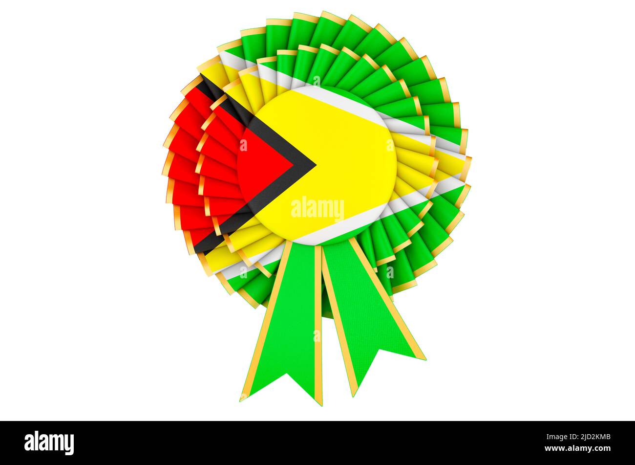 Guyanische Flagge auf der Siegerbandrosette gemalt. 3D Darstellung isoliert auf weißem Hintergrund Stockfoto