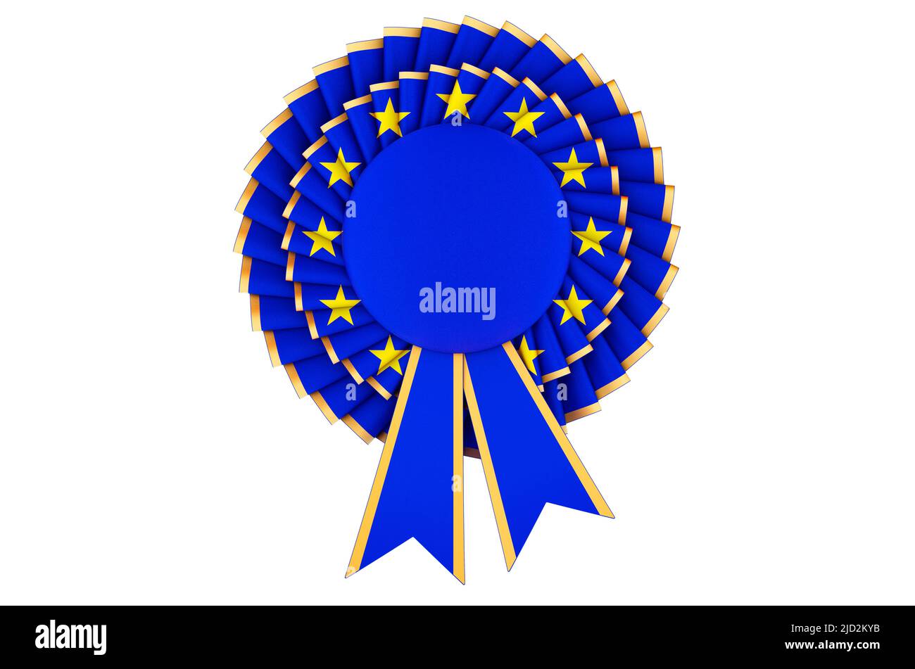Die EU-Flagge auf der Rosette des Siegerbands. 3D Darstellung isoliert auf weißem Hintergrund Stockfoto