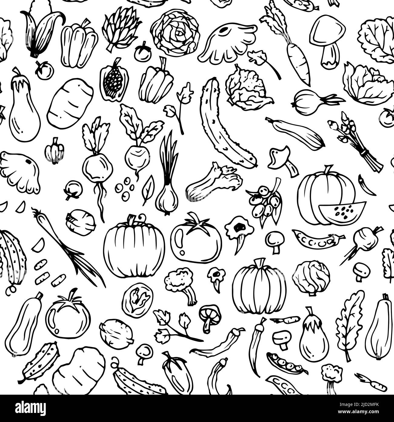 Leckeres Gemüse. Gartenfrüchte. Essbare Lebensmittelpflanzen. Nahtloses Muster. Handgezeichnete Umrisse. Monochrome Zeichnung. Isoliert auf weißem Hintergrund Stock Vektor