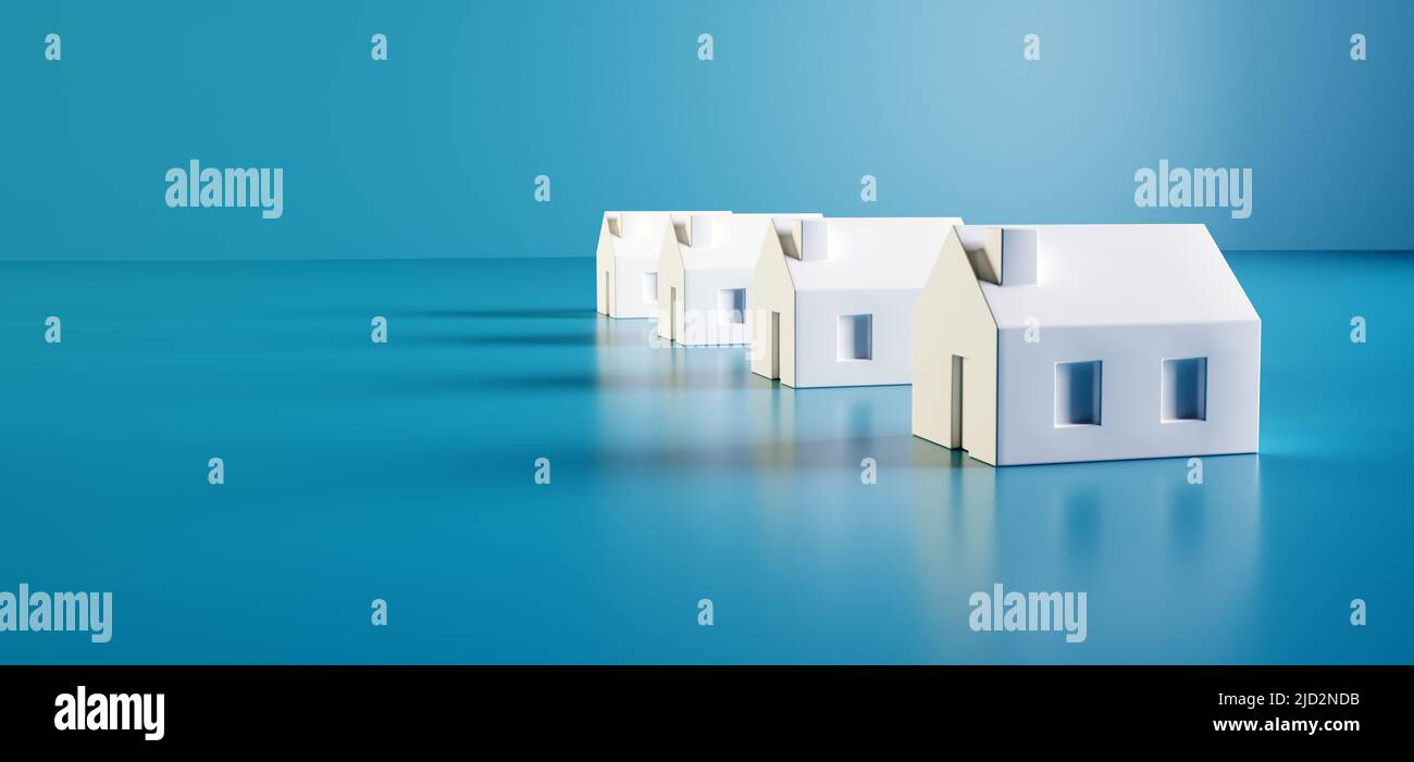 Immobilien-Konzept mit Häusern zu kaufen. Suche nach Immobilien, Immobilien zum Verkauf, Hypothek, Transaktion. Minimalistische Modelle auf blauem Hintergrund. Stockfoto