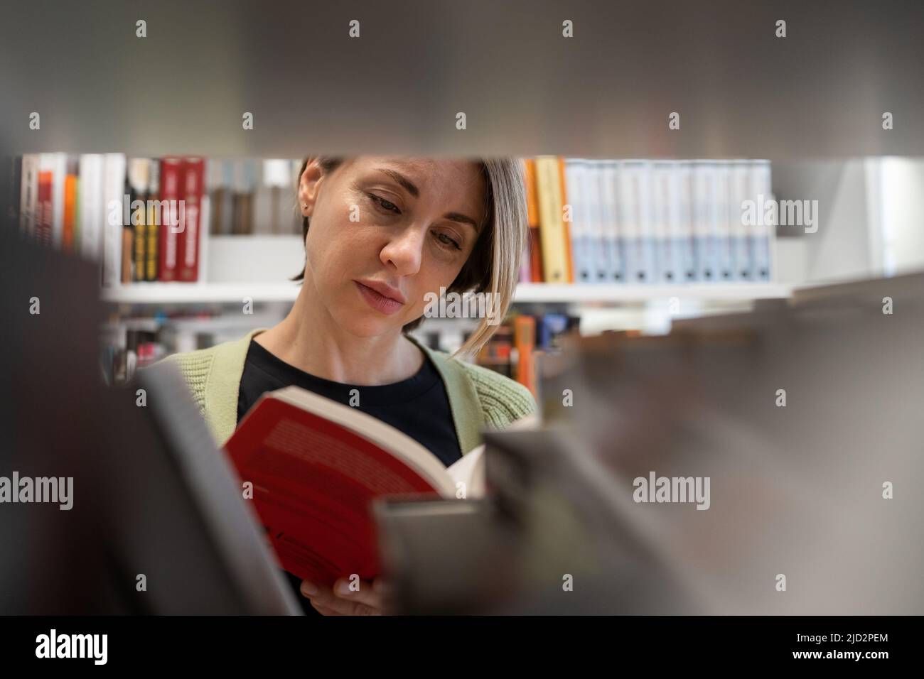 Skandinavische Frau mittleren Alters, die Lehrbuch wählt, auf der Suche nach Literatur während der Vorbereitung auf die Prüfung Stockfoto