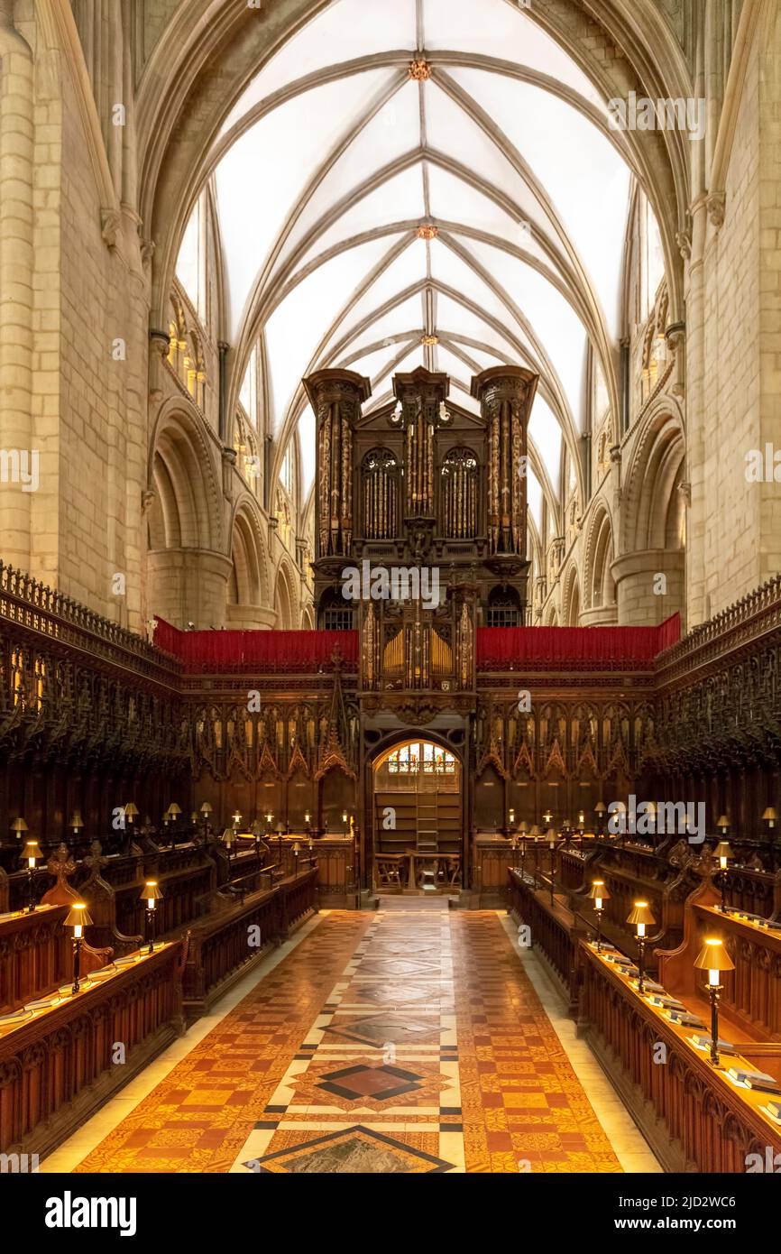 Gloucester Cathedral, Gloucestershire, England, Großbritannien: Nach Westen zum Chor gerichtet, mit der Orgel oben. Stockfoto