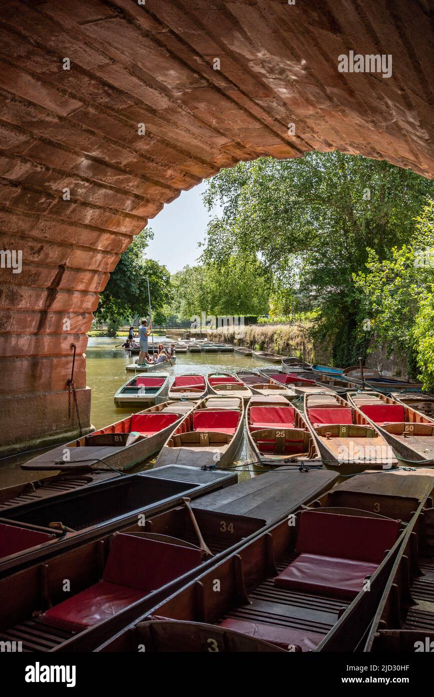 Oxford, 17.. Juni 2022. Punts unter der Magdalen Bridge, Oxford, auf dem Cherwell-Fluss an dem wahrscheinlich heißesten Tag des Jahres 2022, der auf 30 Grad Celsius angefahren ist Stockfoto