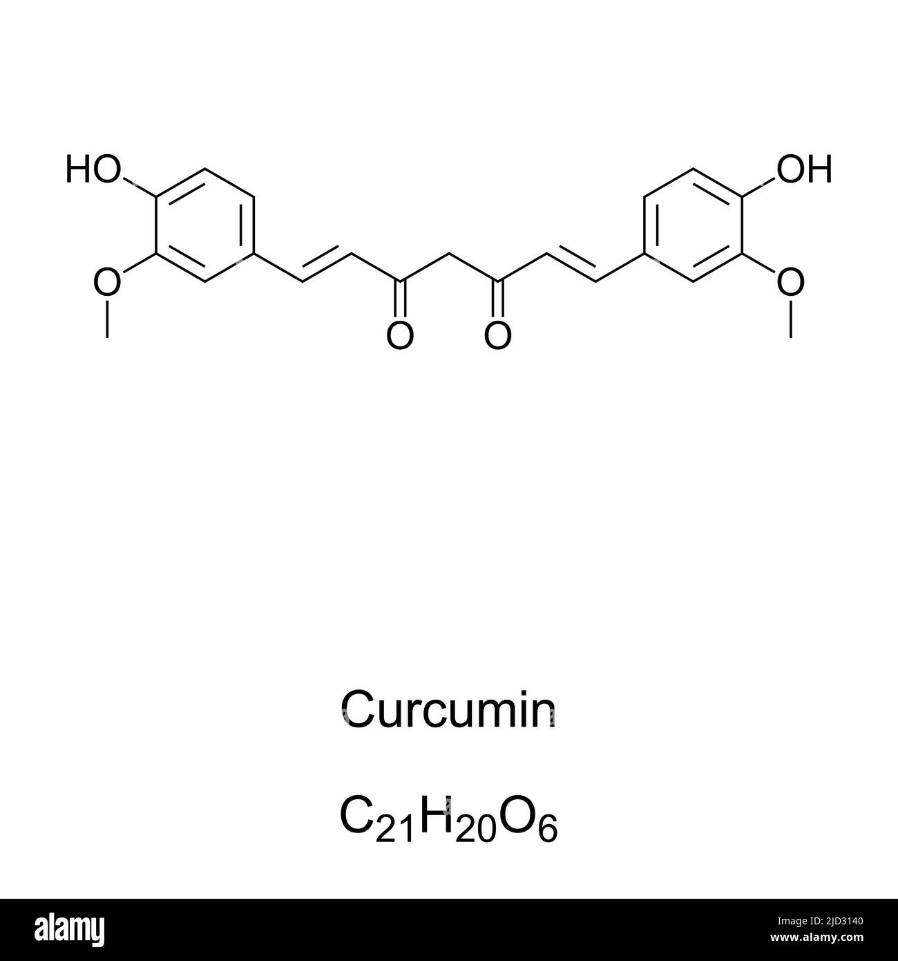 Curcumin, chemische Formel und Struktur des Keto bilden. Gelbe Chemikalie, hergestellt von Pflanzen der Curcuma longa-Art. Curcuminoid von Kurkuma. Stockfoto
